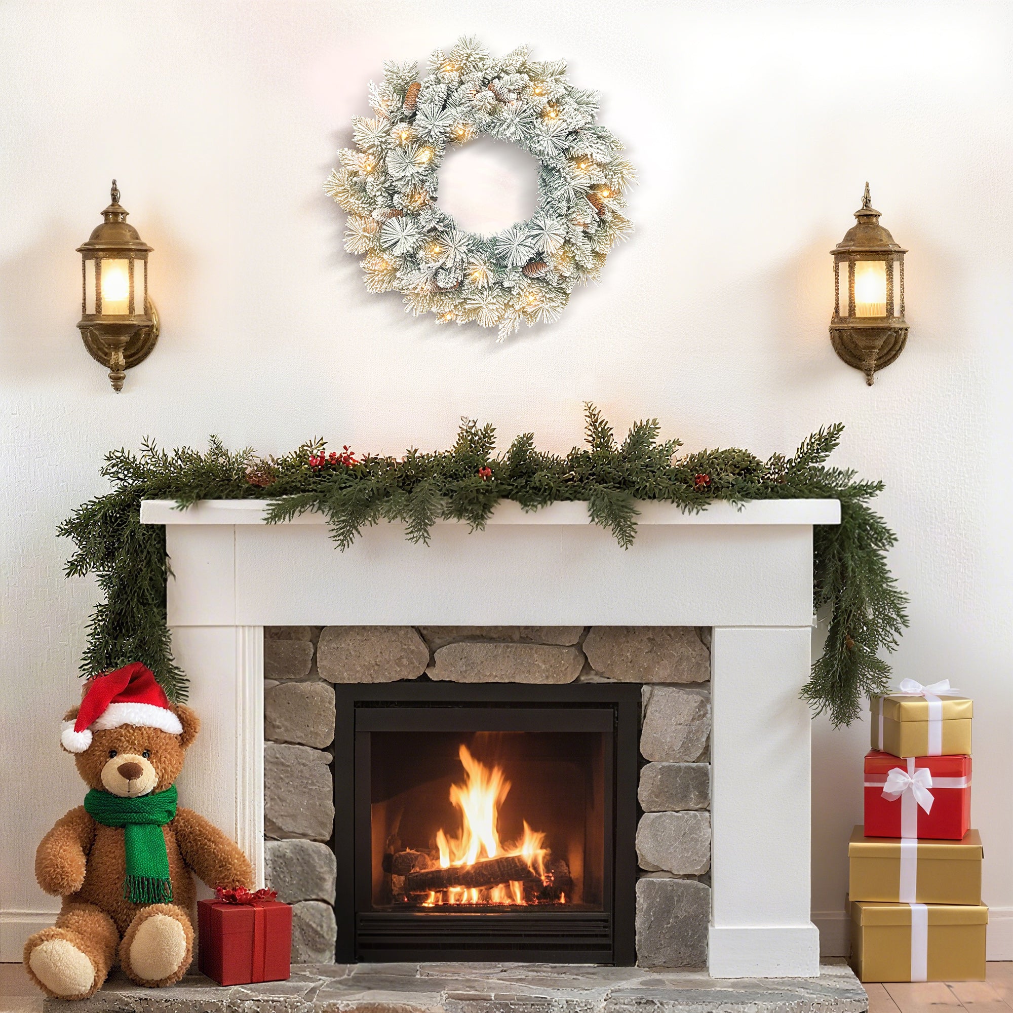 60cm Snow-Covered Christmas Wreath, 35 LED Lights with Timer and Decorative Pine Cones