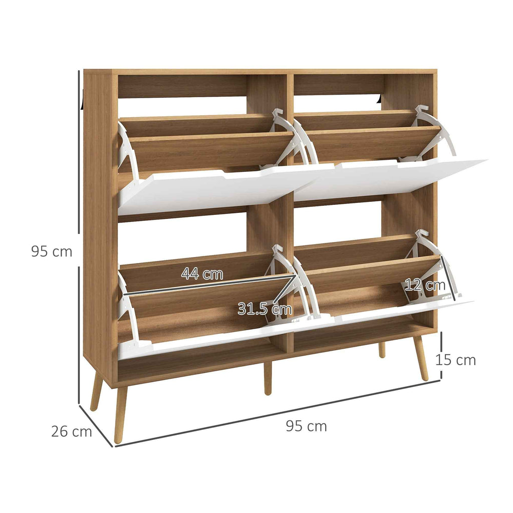 HOMCOM Chipboard and Pine Shoe Rack with 4 Drawers and 2 Adjustable Shelves for Each Drawer, 95x26x95 cm