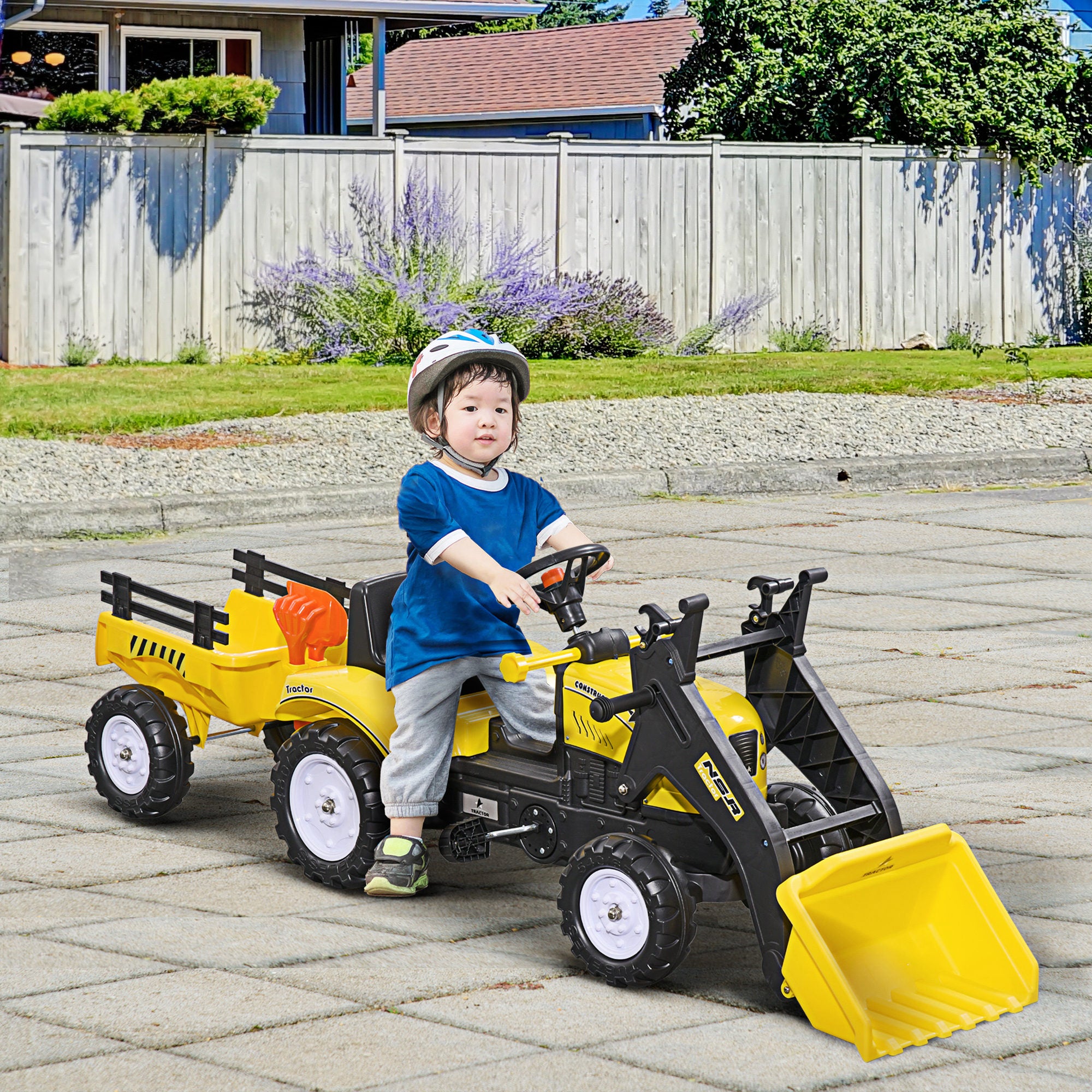 Pedal Excavator for Kids from 3 Years with Front Loader, Trailer and 6 Wheels, Yellow