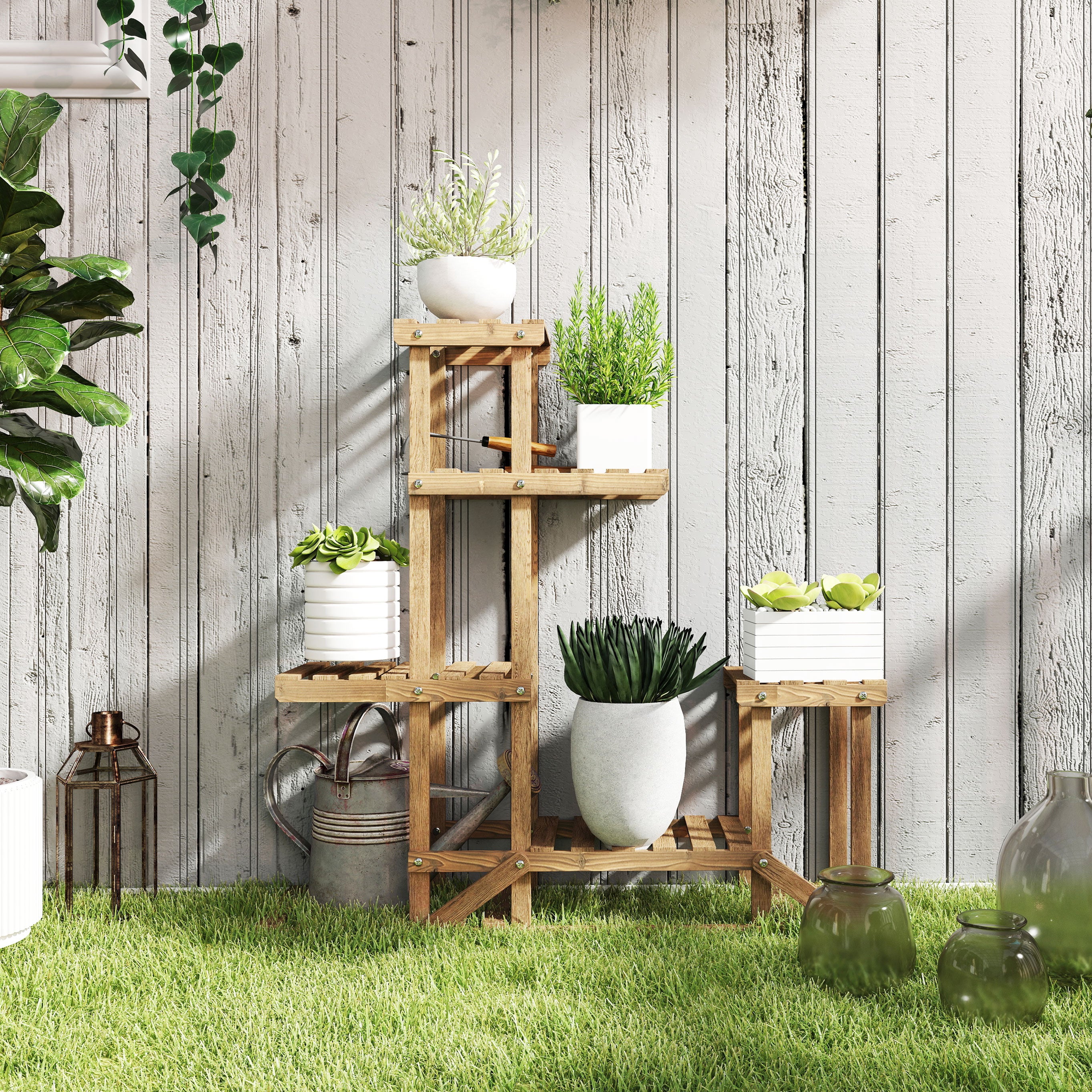 6-Tier Asymmetrical Wooden Plant Stand for Garden and Home, 98x28x96.5cm