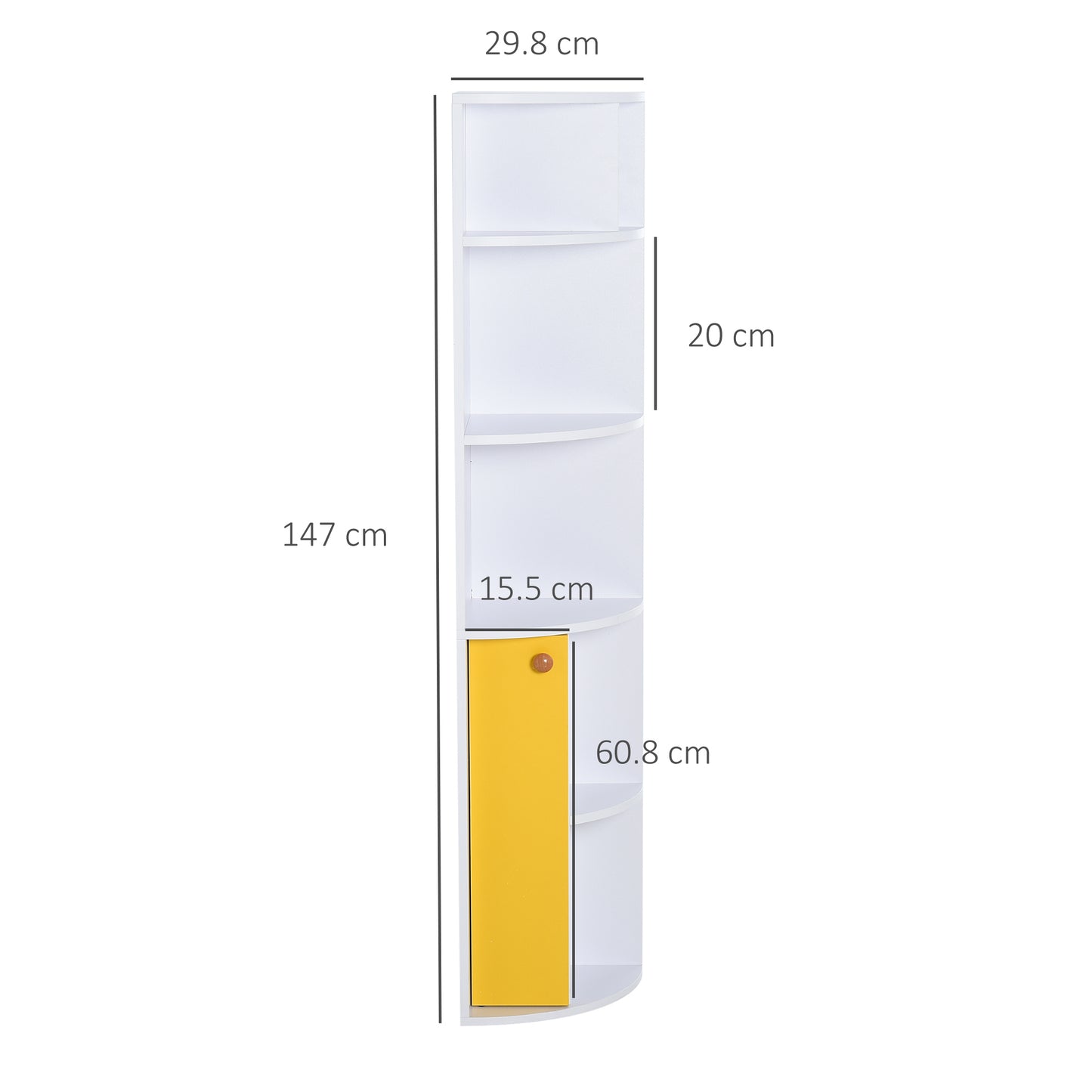 HOMCOM Corner Wall Shelf in White Wood, Bookcase Cabinet with 5 Shelves and Yellow Cabinet, Modern Design, 29.8x29.9x147cm - Borgè