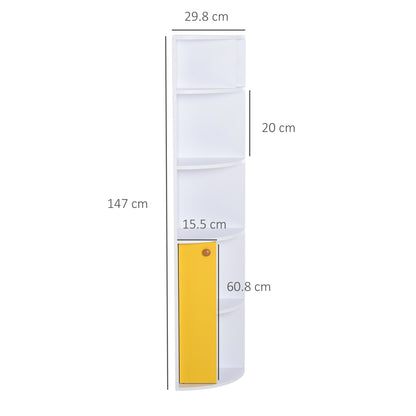 HOMCOM Corner Wall Shelf in White Wood, Bookcase Cabinet with 5 Shelves and Yellow Cabinet, Modern Design, 29.8x29.9x147cm - Borgè