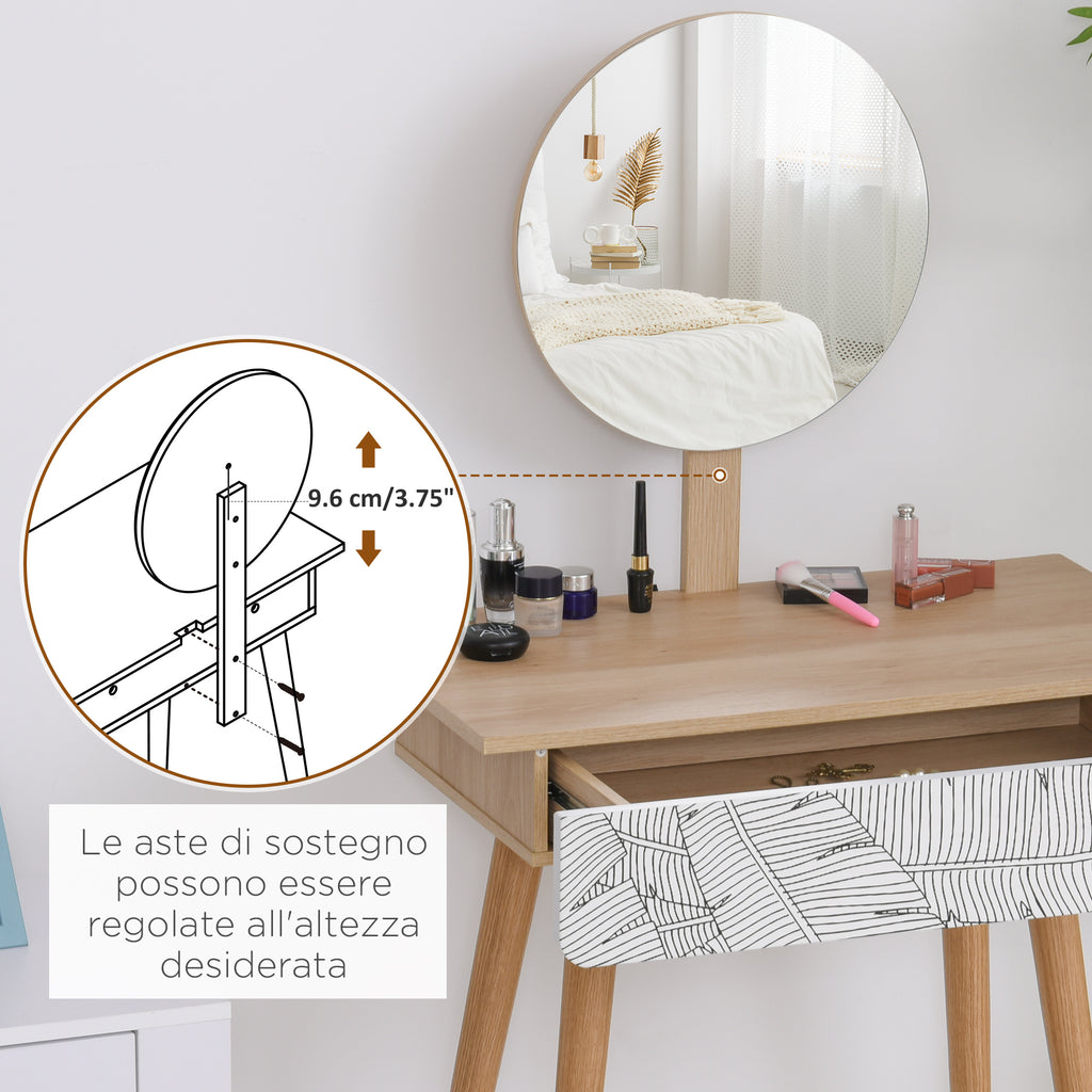 Dressing Table with Circular Mirror Ф39cm, Makeup Console with Drawer in Jungle Decor, White and Oak, 70x39x119-128cm