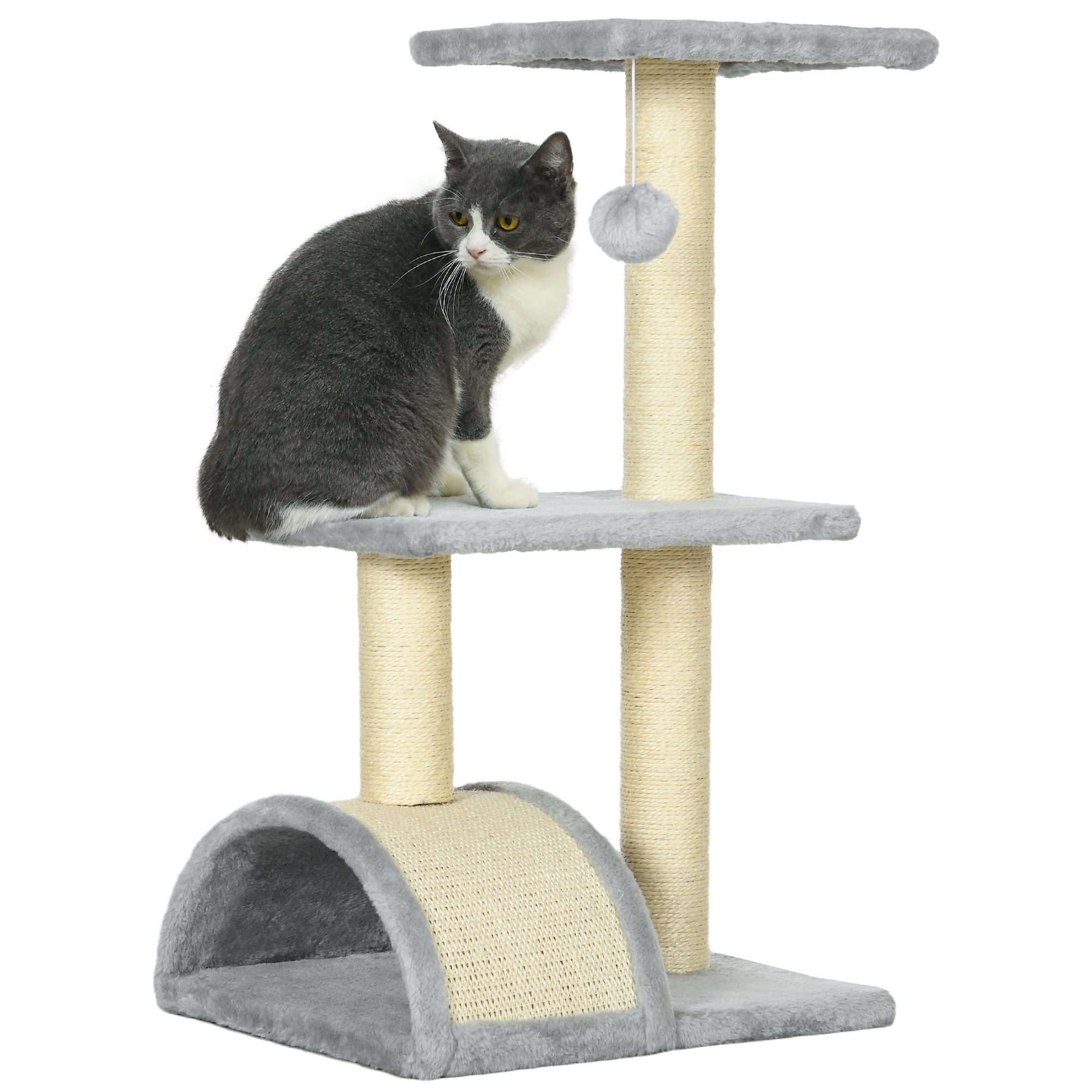 3-Tier Cat Tree with Scratching Post, Plush and Sisal, 40x35x72 cm, Light Gray