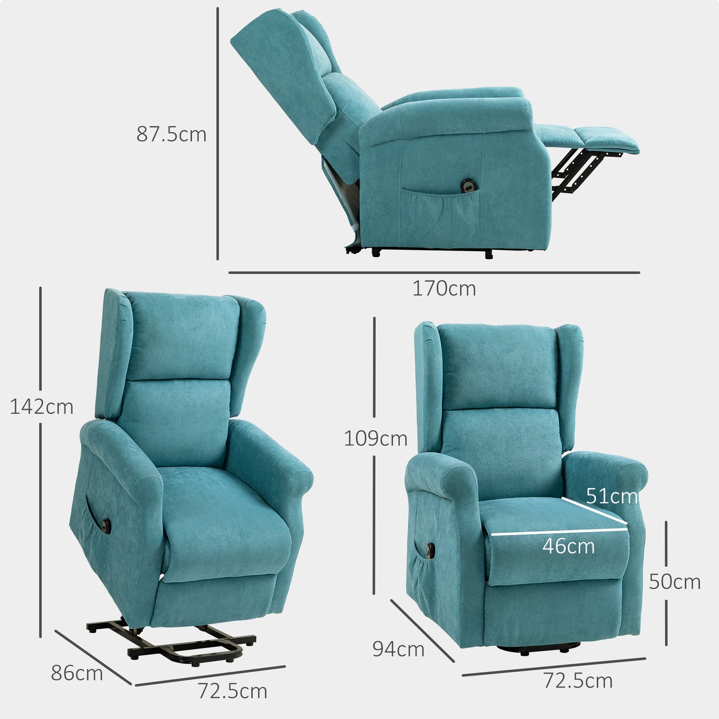 HOMCOM 135° reclining lift chair with footrest and remote control, in blue fabric, 74x94x111 cm