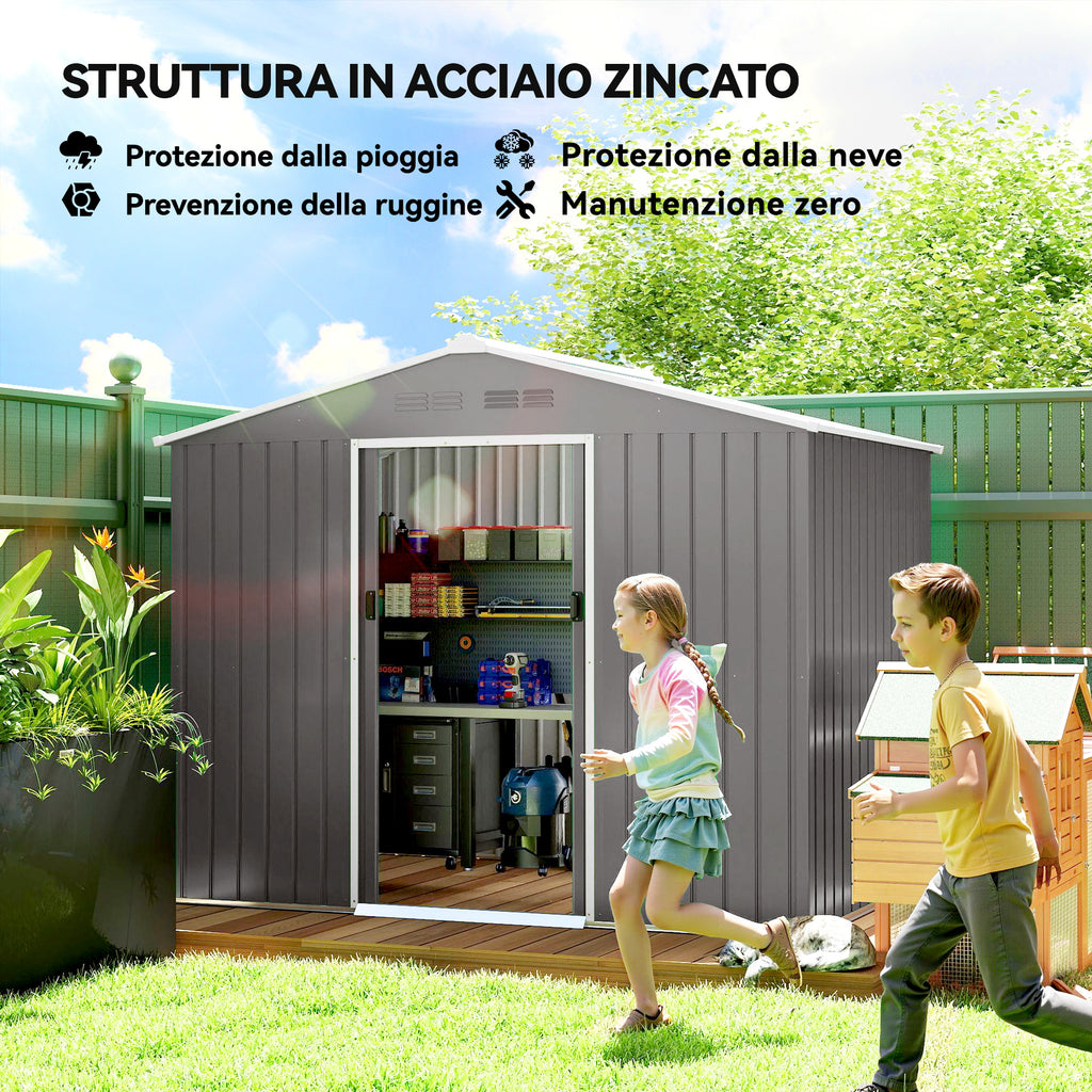 Outsunny 2.3x1.7 m Steel Garden Shed with Air Vents and Double Sliding Door, Wood Effect