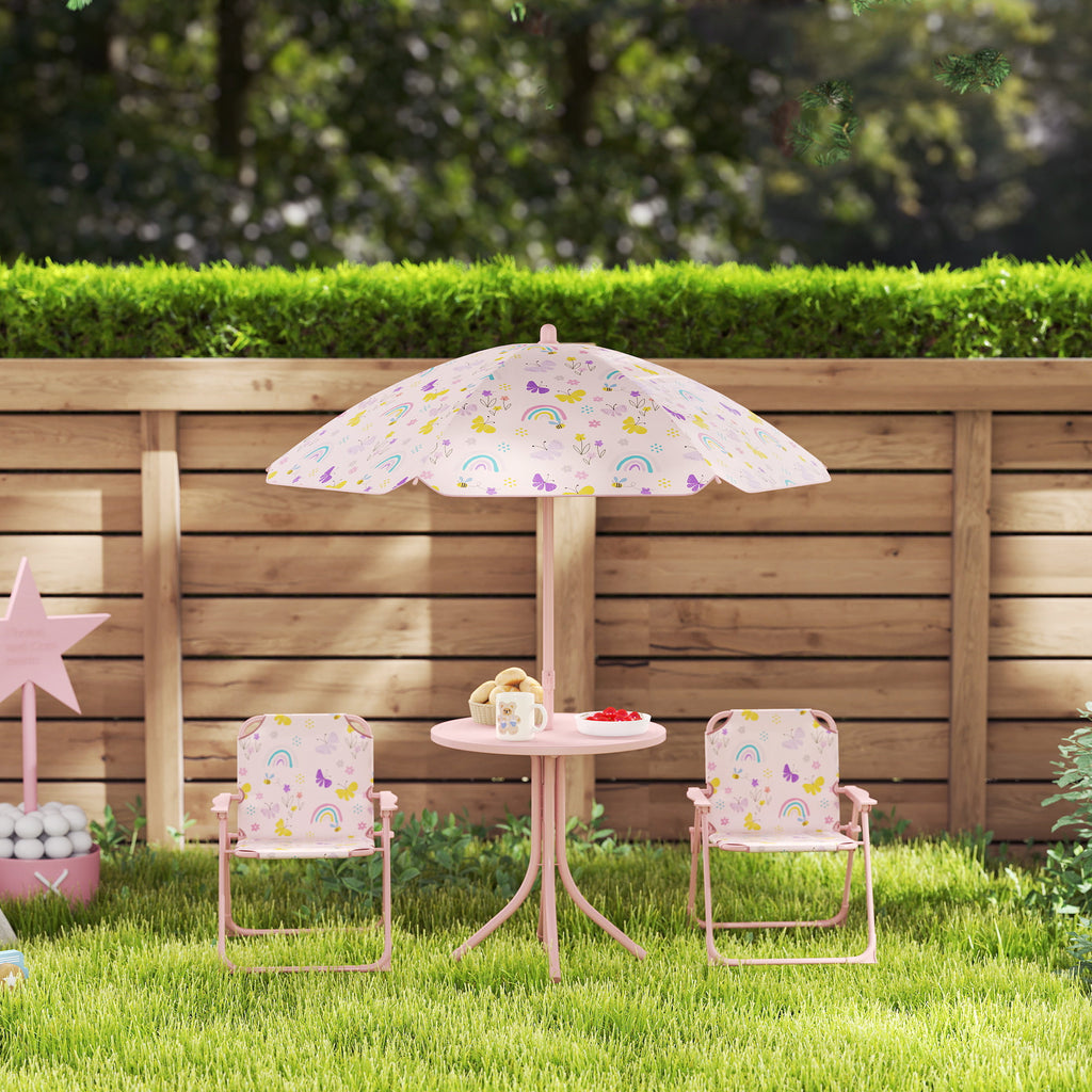 Garden Set for Children 2-5 Years with Round Table, 2 Folding Chairs and a Umbrella, Pink