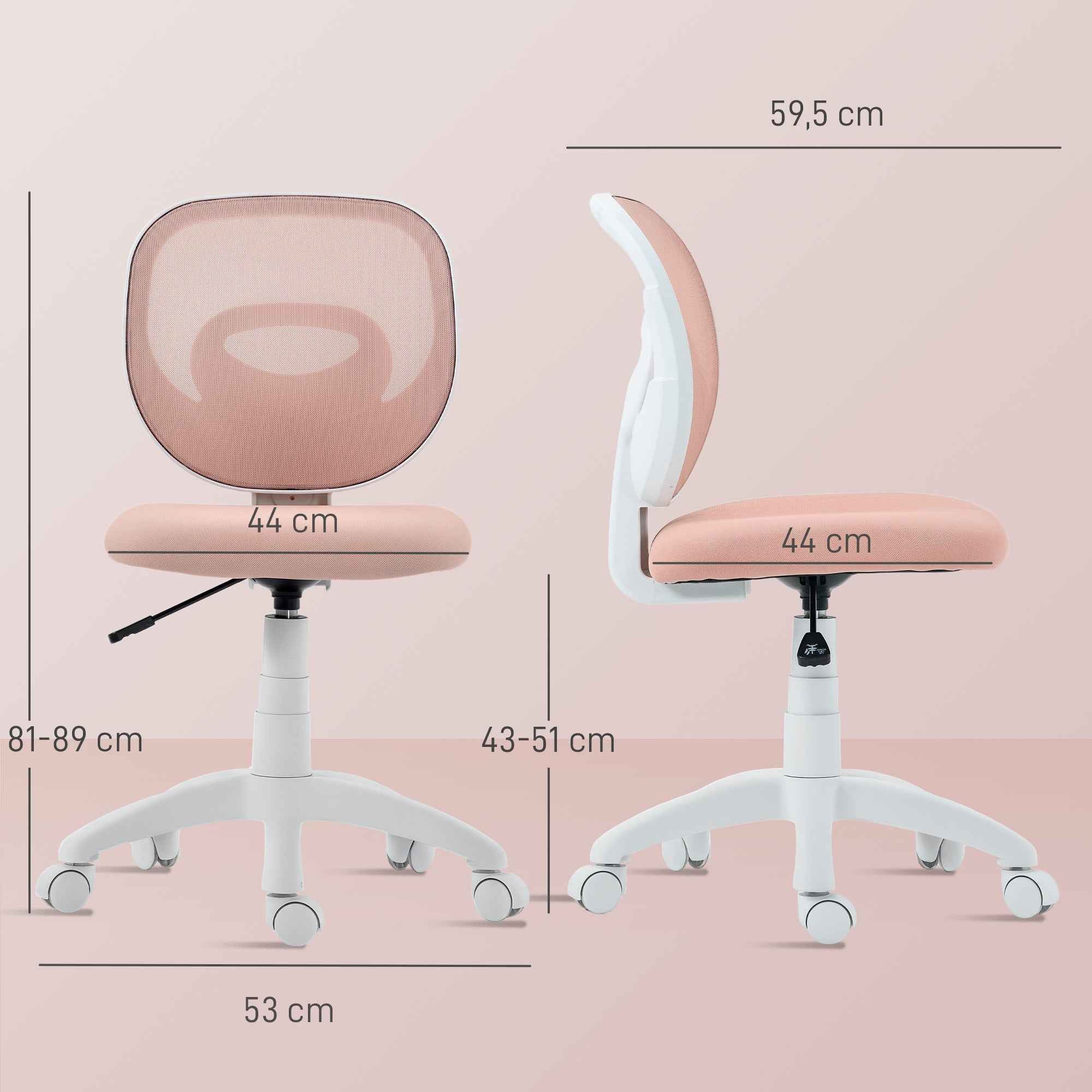 HOMCOM Ergonomic Swivel Office Chair with Breathable Mesh Fabric, Armless, Height-Adjustable, Pink