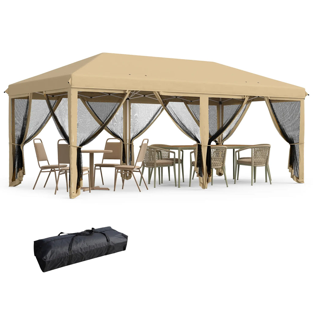 6x3m Folding Garden Gazebo with Mosquito Net, Adjustable Height and Carry Bag, Beige