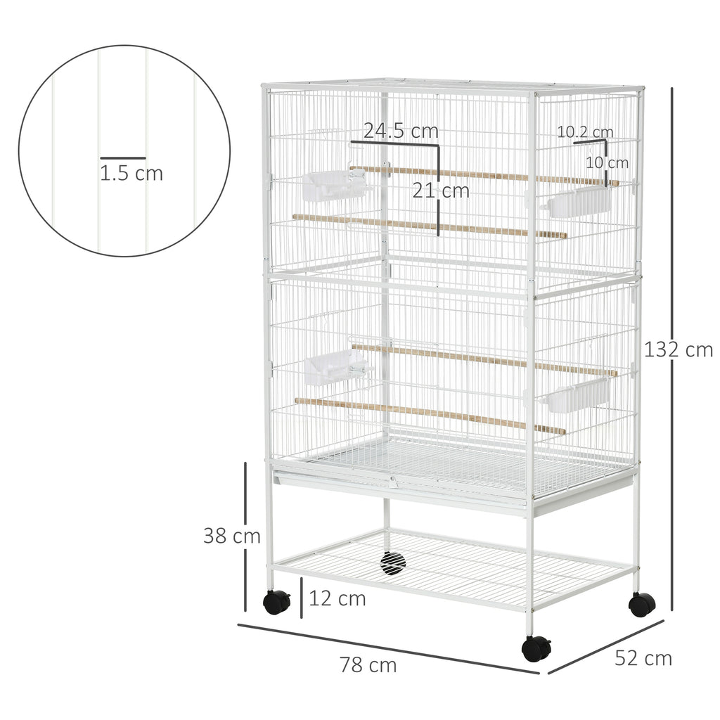 PawHut Indoor Bird Cage with Removable Tray, 4 Wheels and Perch, 78x52x132 cm, White
