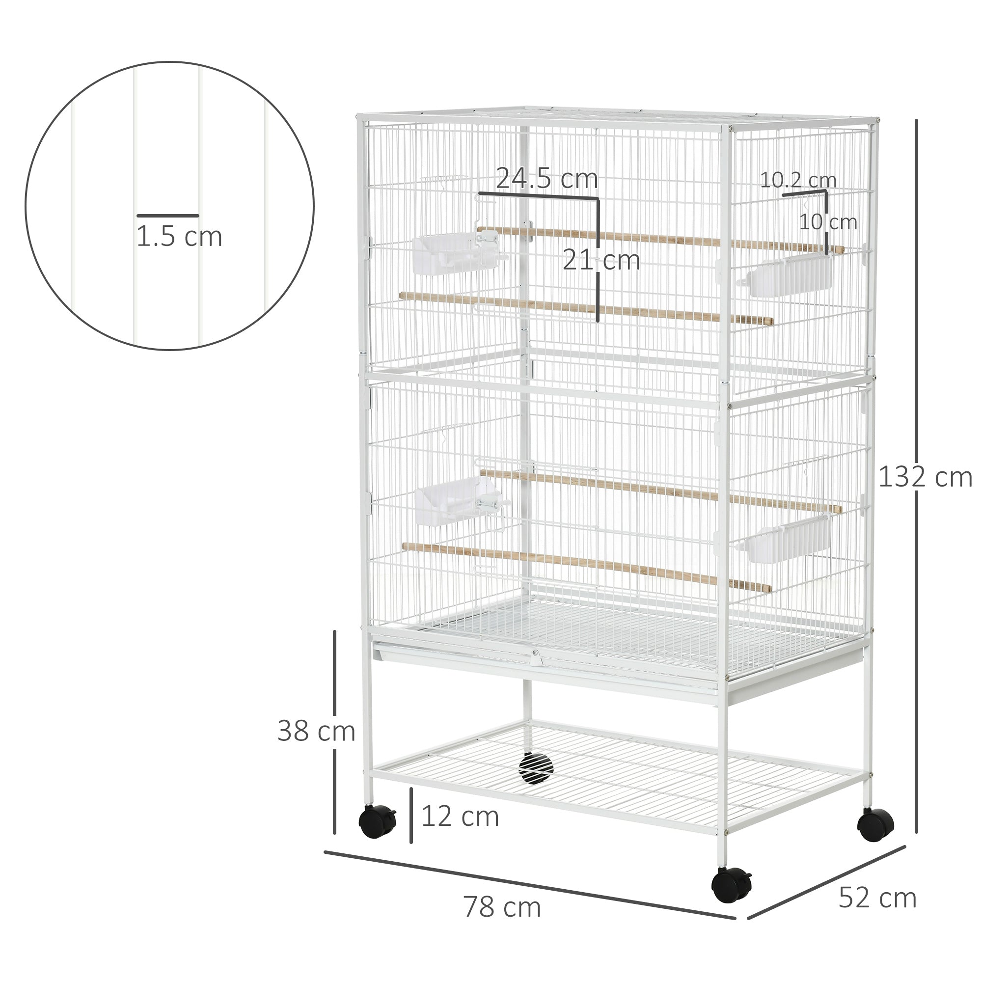 PawHut Indoor Bird Cage with Removable Tray, 4 Wheels and Perch, 78x52x132 cm, White