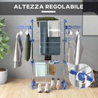 Vertical Drying Rack with 3 Adjustable Shelves, in Steel and Plastic, 142x55x152 cm, Blue and Silver