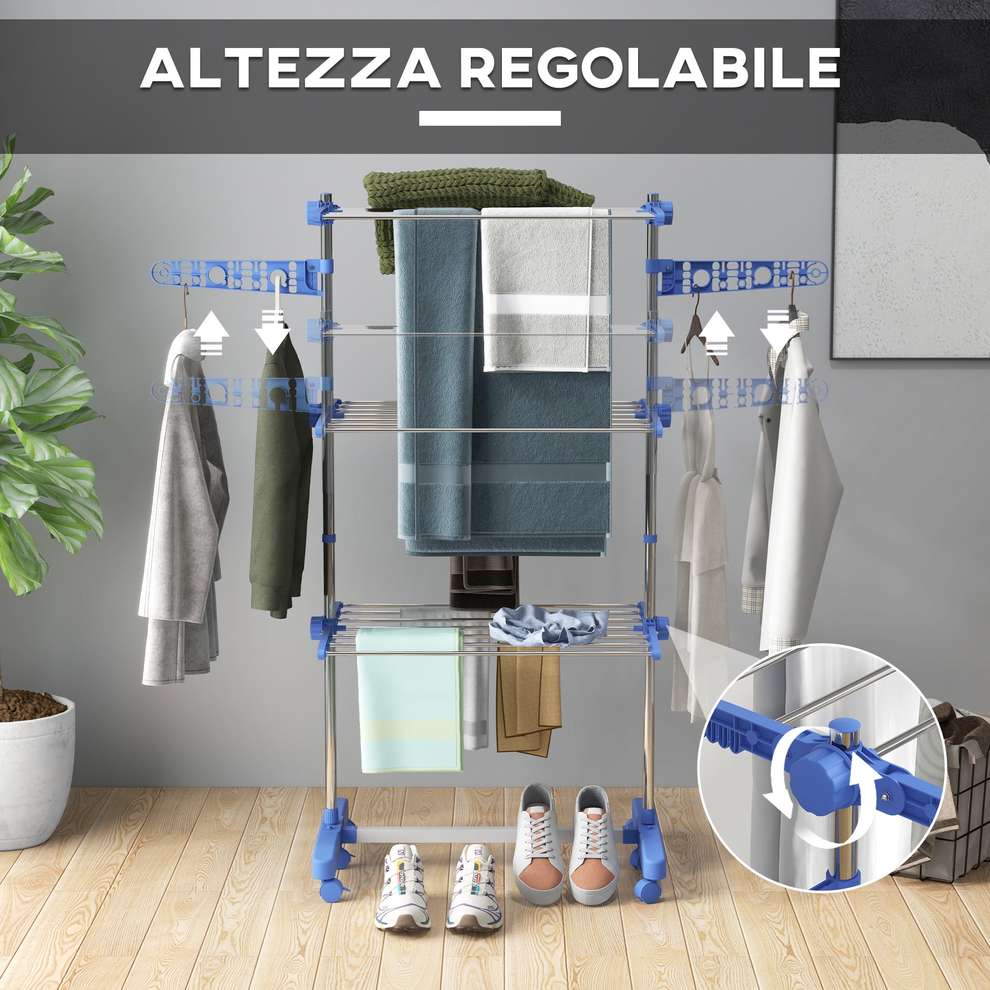 Vertical Drying Rack with 3 Adjustable Shelves, in Steel and Plastic, 142x55x152 cm, Blue and Silver