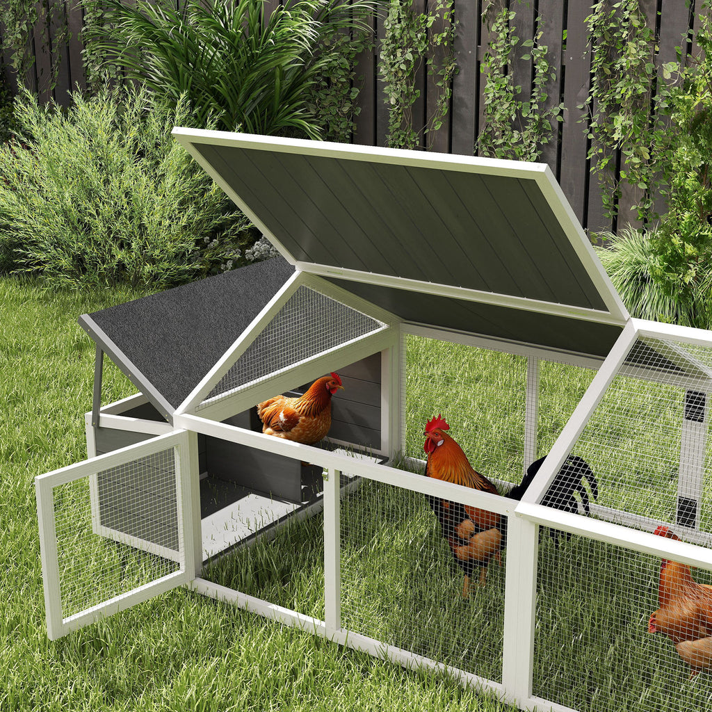 PawHut Wooden Chicken Coop for 4-8 Chickens with Wire Mesh and Opening Roof, 240x112.5x76 cm, White