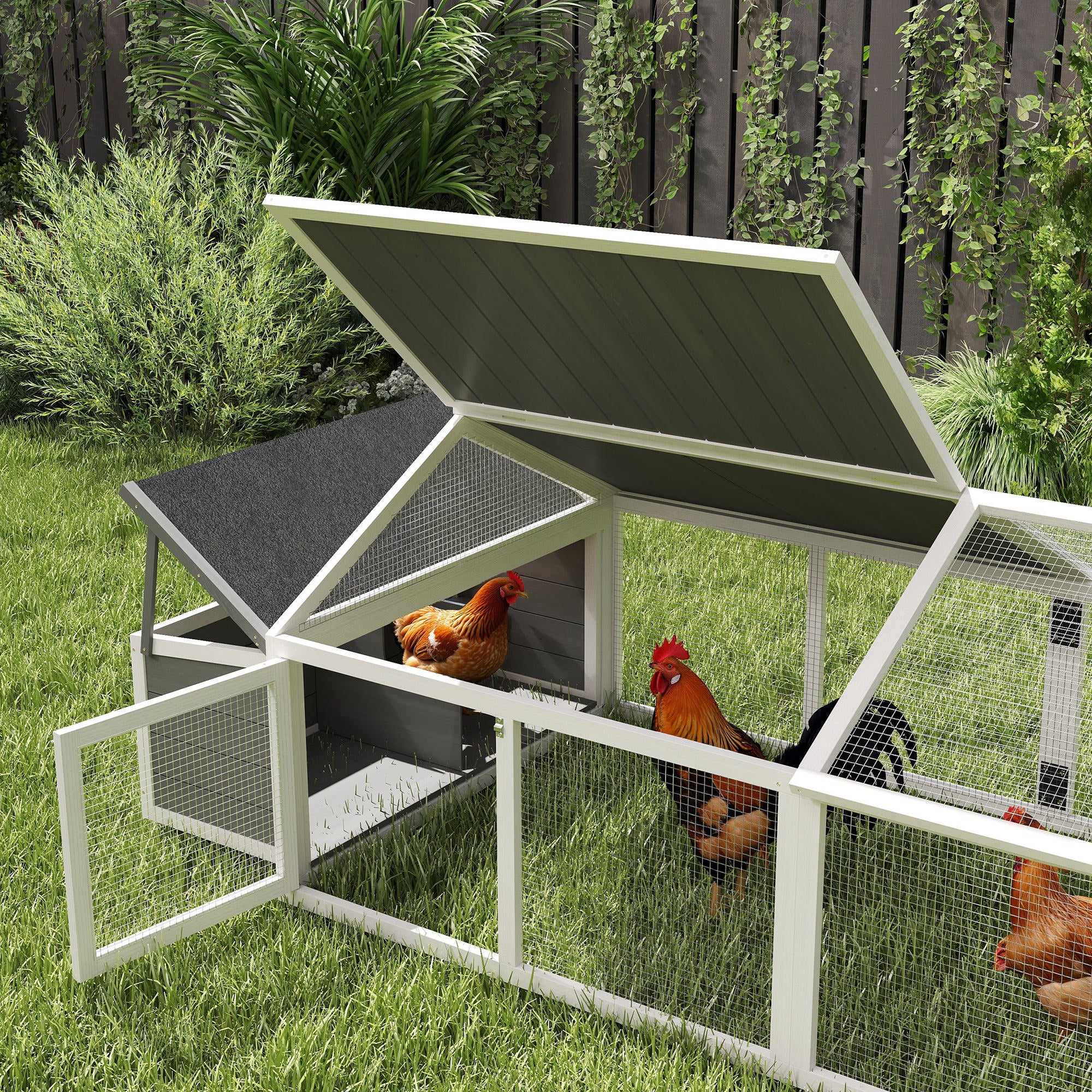 PawHut Wooden Chicken Coop for 4-8 Chickens with Wire Mesh and Opening Roof, 240x112.5x76 cm, White