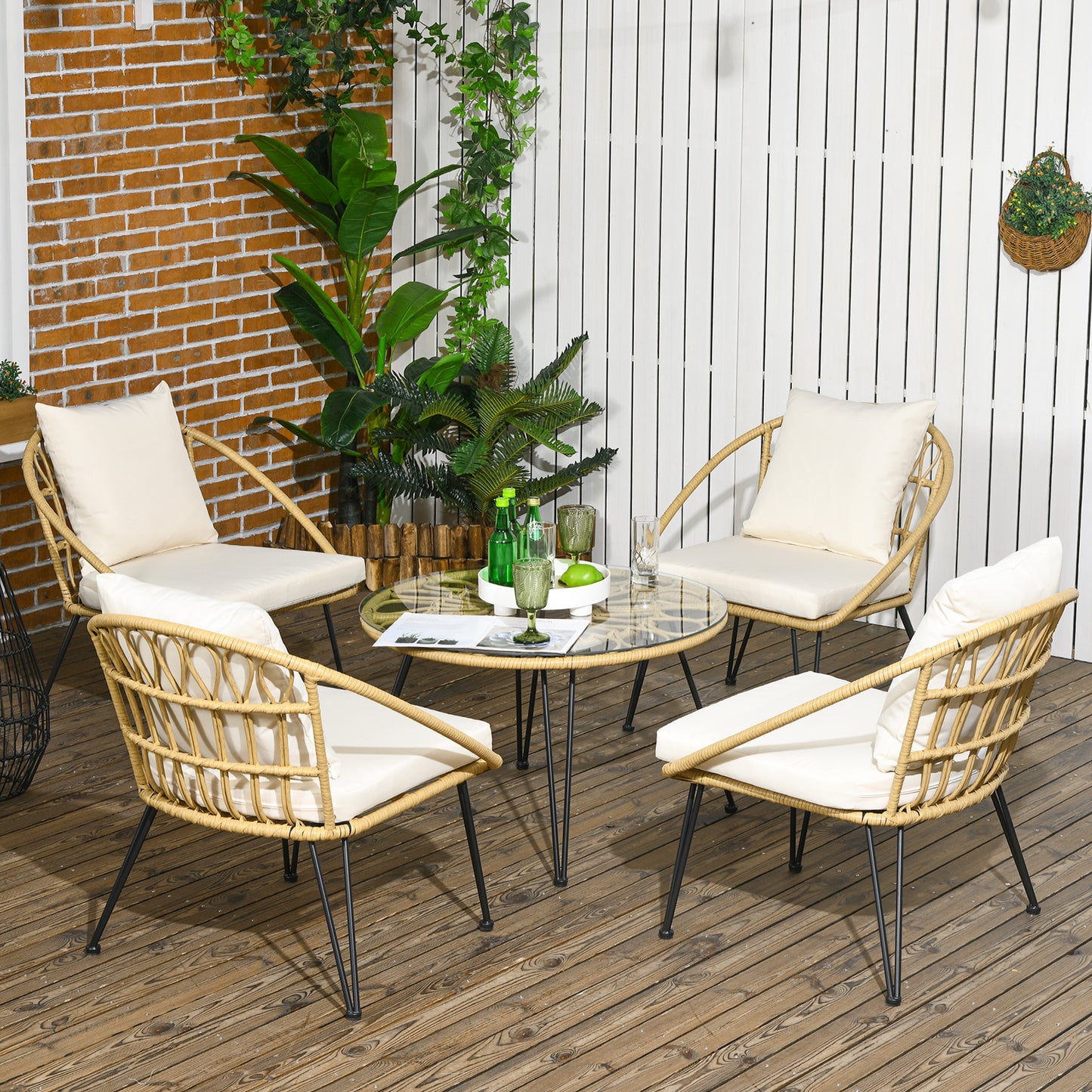 Outsunny 5-piece garden set in rattan with round table Ø82x50 cm and 4 chairs 72x72x75 cm with cushions - Borgè