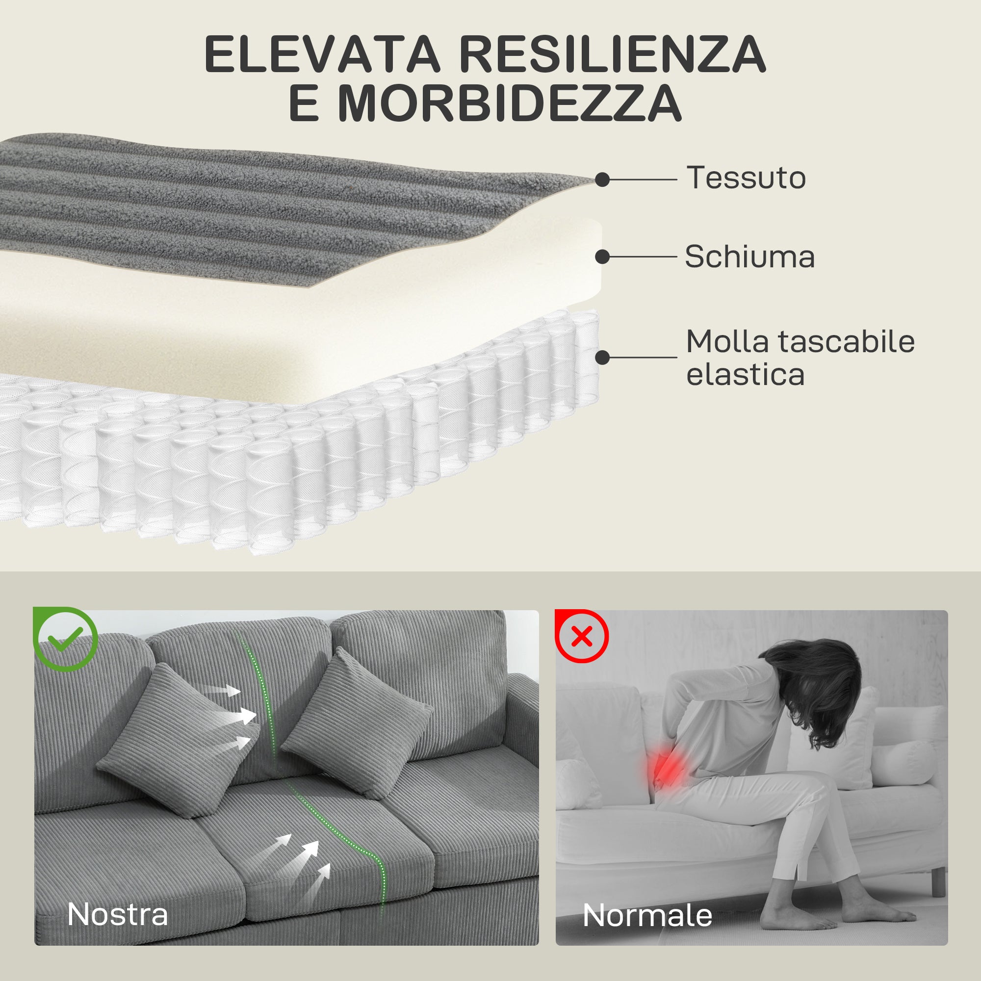 3-Seater Modular Sofa with Storage Pouf in Corduroy, 196x139x85 cm, Light Grey