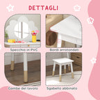 Girls Makeup Set 3-6 Years Old with Stool and Dressing Table with Mirror and Drawer in White Wood