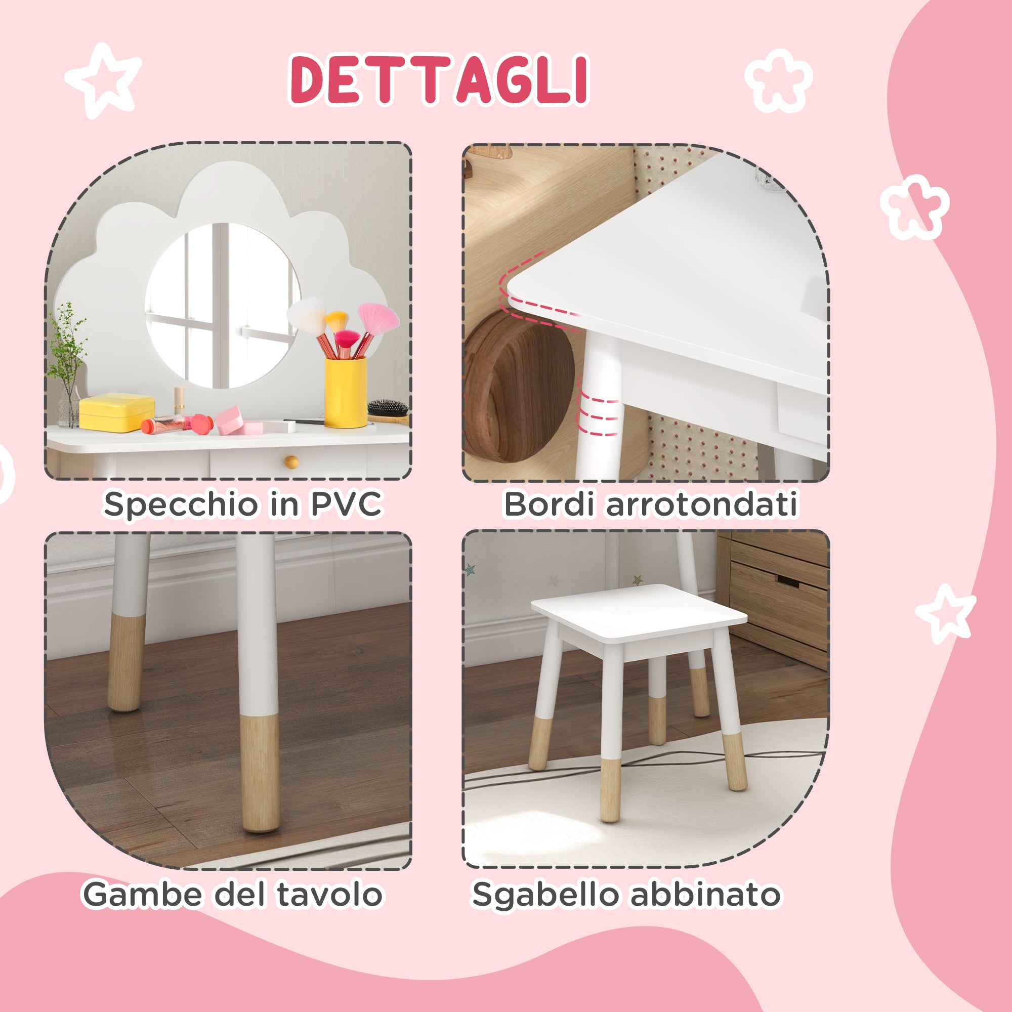Girls Makeup Set 3-6 Years Old with Stool and Dressing Table with Mirror and Drawer in White Wood