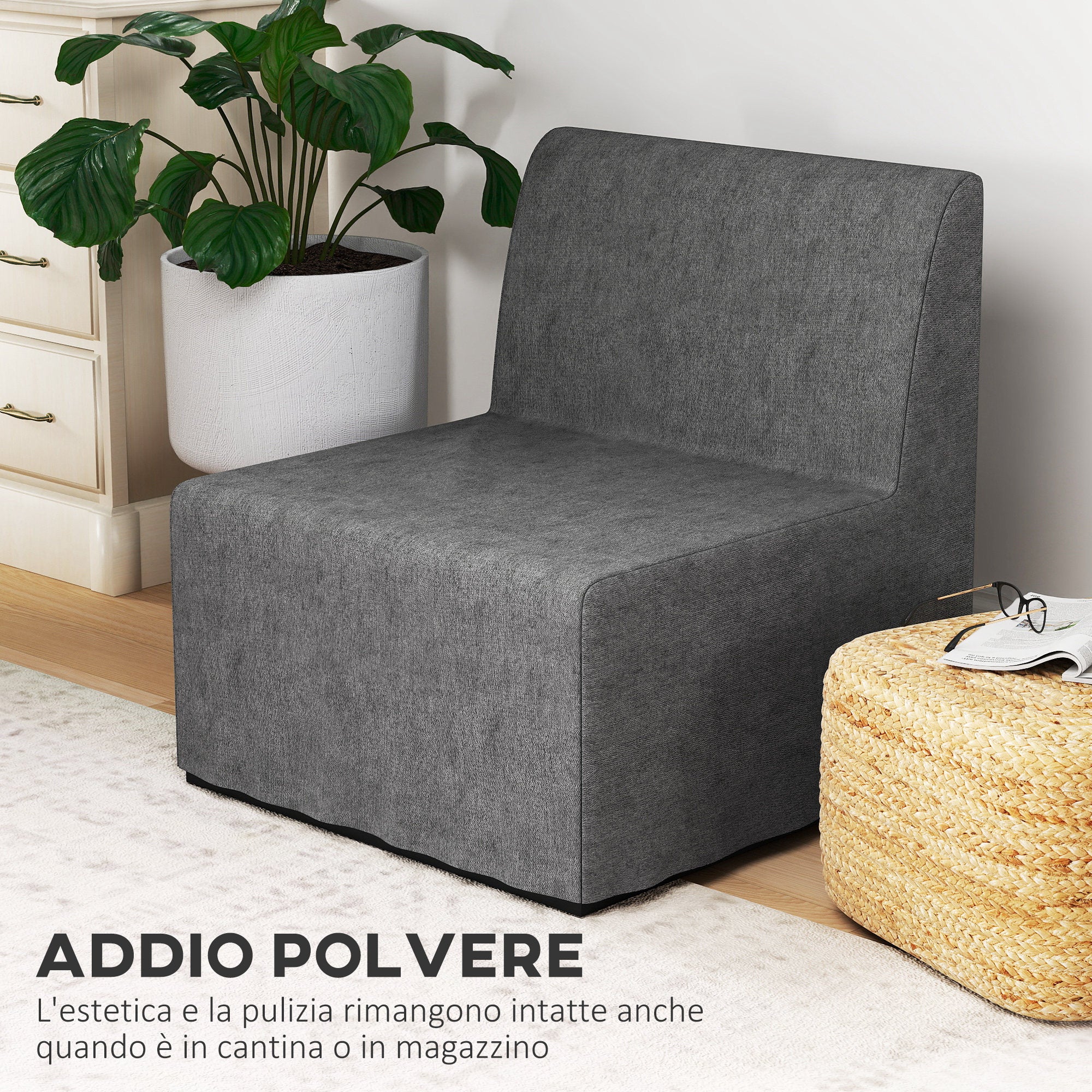 Armchair Bed with Cushion and Protective Cover, in Linen Effect Fabric and Metal, 66x70x74 cm, Grey