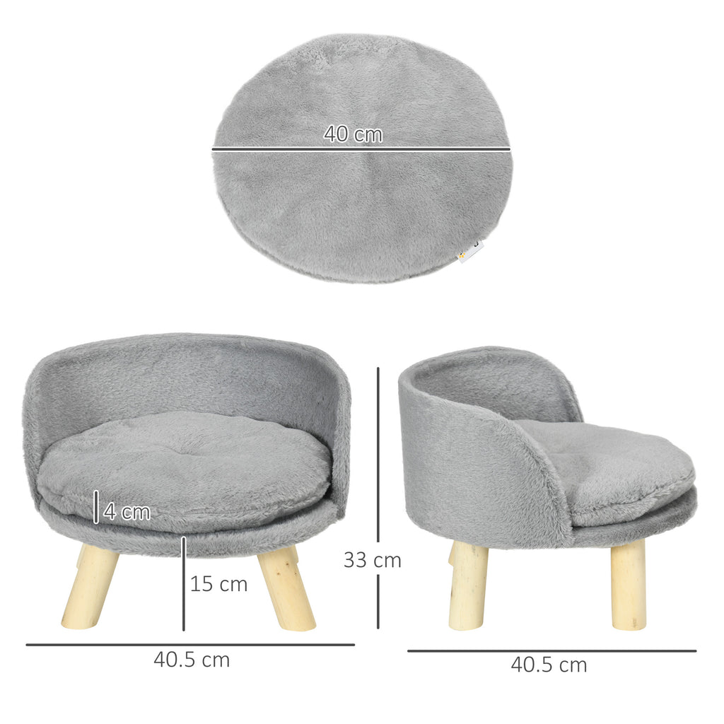 Round Dog Sofa in Plush Fabric and Wood with Extra Cushion, Ø40.5x33 cm, Grey and Wood Color