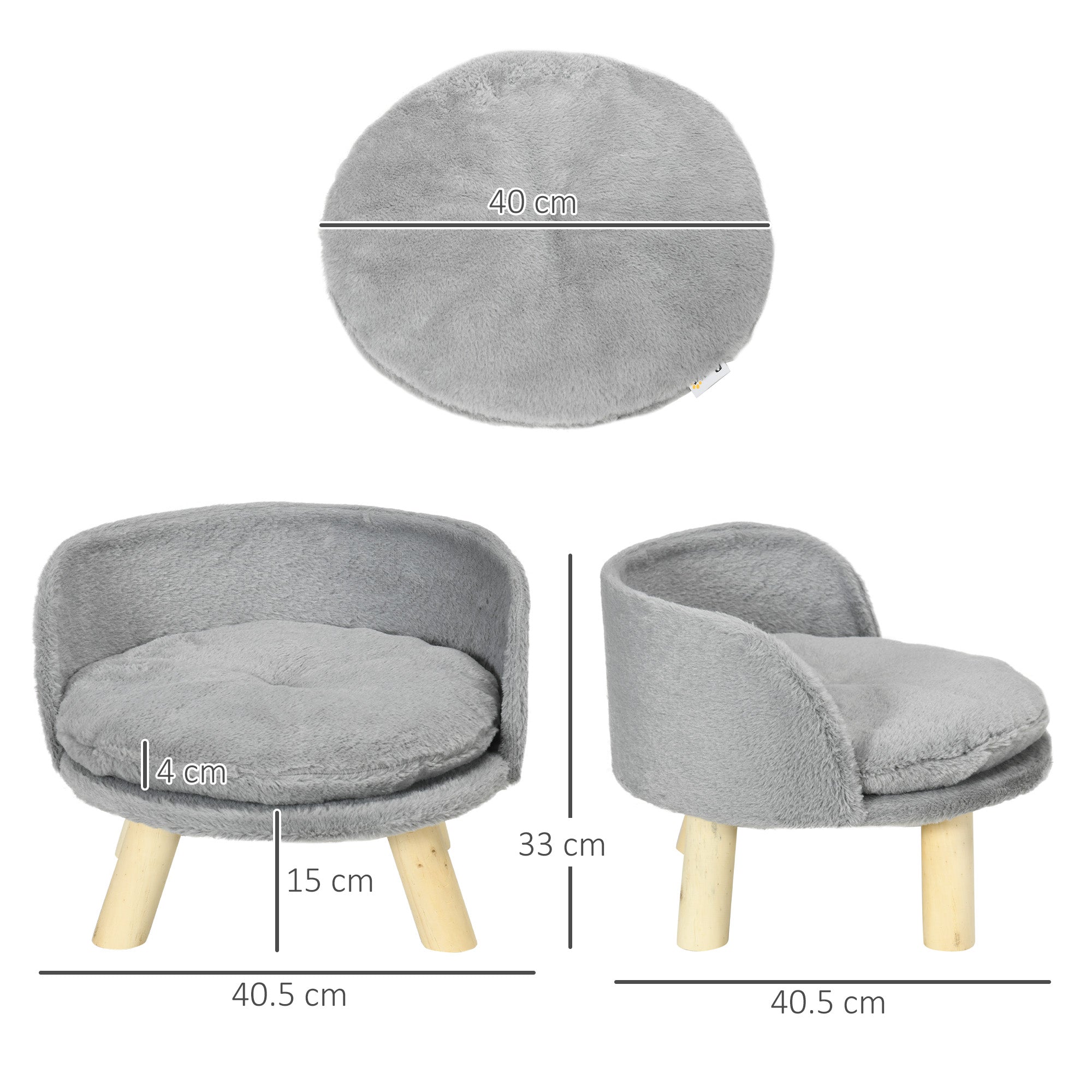 Round Dog Sofa in Plush Fabric and Wood with Extra Cushion, Ø40.5x33 cm, Grey and Wood Color