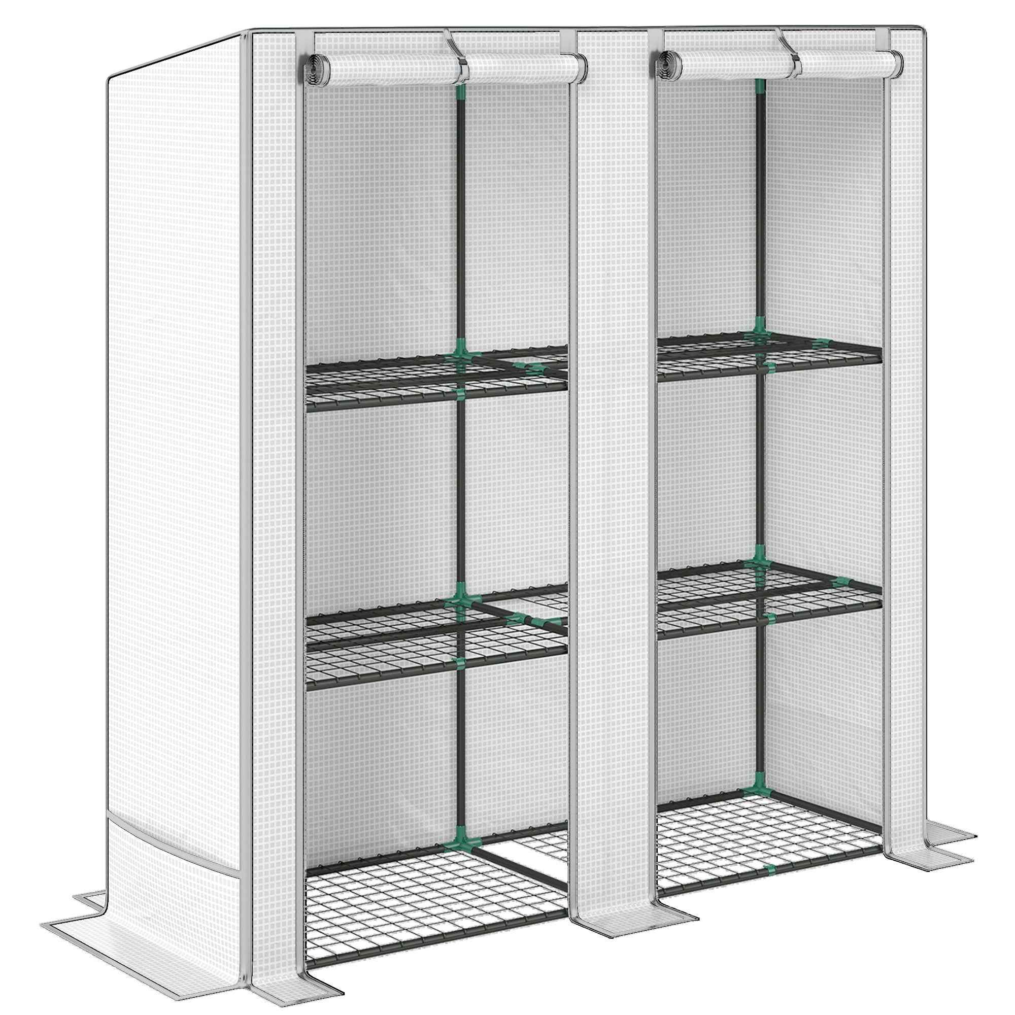 Outsunny Garden Greenhouse with 2 Roll-Up Doors, 3-Tier Shelving and Side Pockets, White and Gray