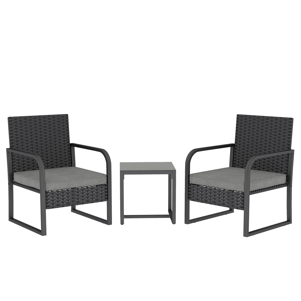 Outsunny Rattan Garden Lounge Set with 2 Outdoor Armchairs and Glass Top Coffee Table, Black
