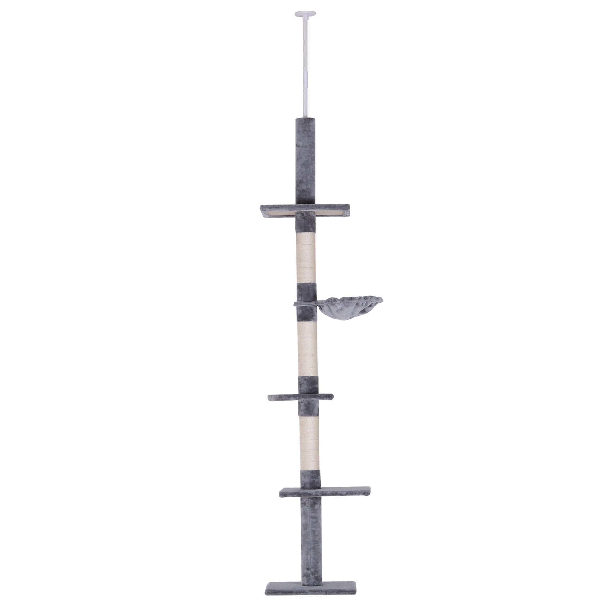 4-Tier Scratching Tree with Adjustable Height, in Chipboard, Plush and Sisal, 40x34x230-260 cm, Gray - Borgè