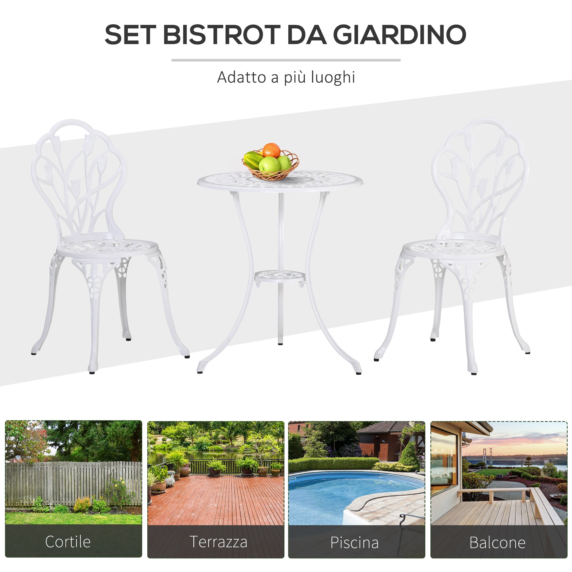 3-Piece Garden Set in Aluminum with 2 Chairs 42.5x47.5x89 cm and Round Table Ø60x67 cm, White - Borgè