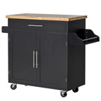 Kitchen Trolley with drawer, door holders and locker, 4 wheels and wooden work surface, 109x40x89cm - Black