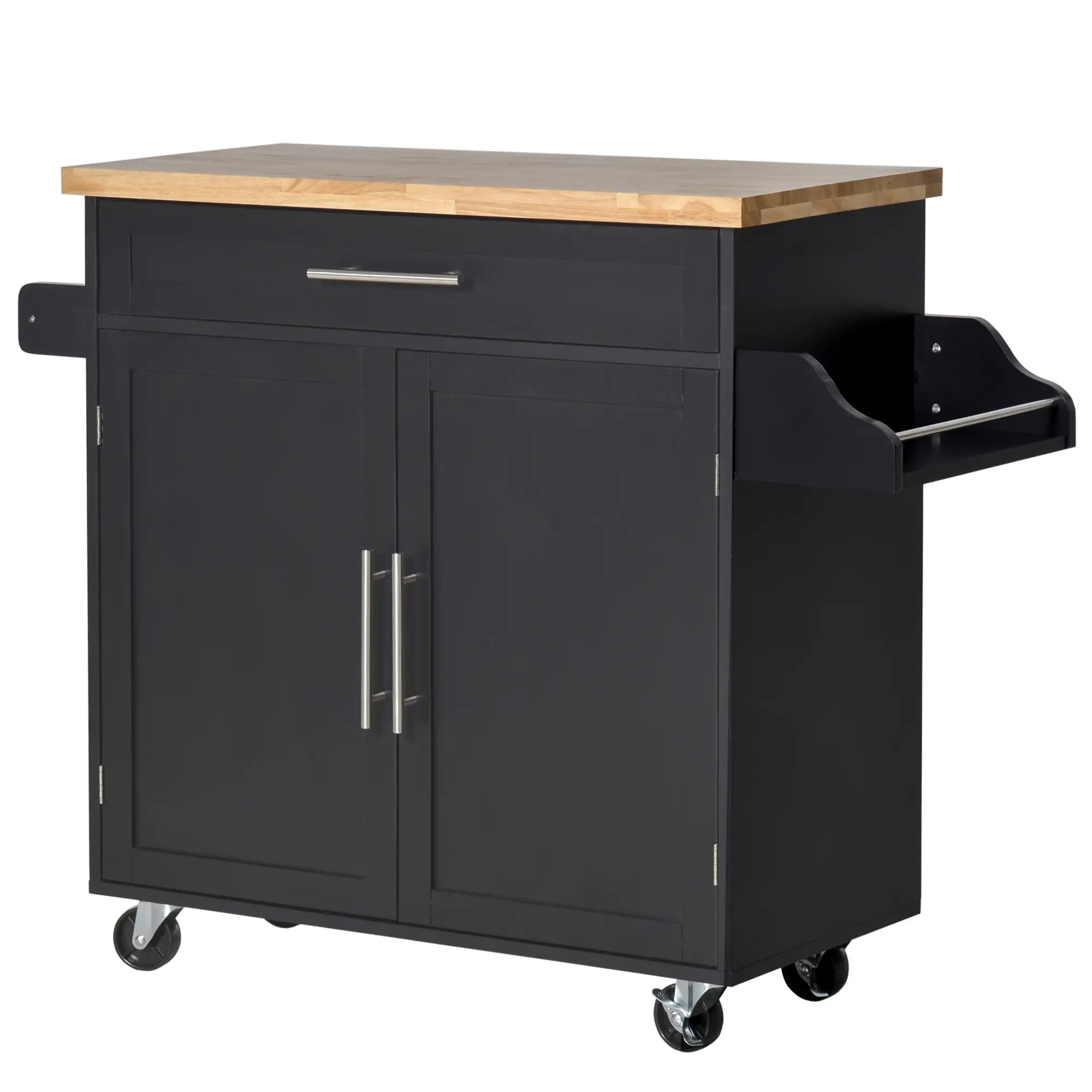 Kitchen Trolley with drawer, door holders and locker, 4 wheels and wooden work surface, 109x40x89cm - Black
