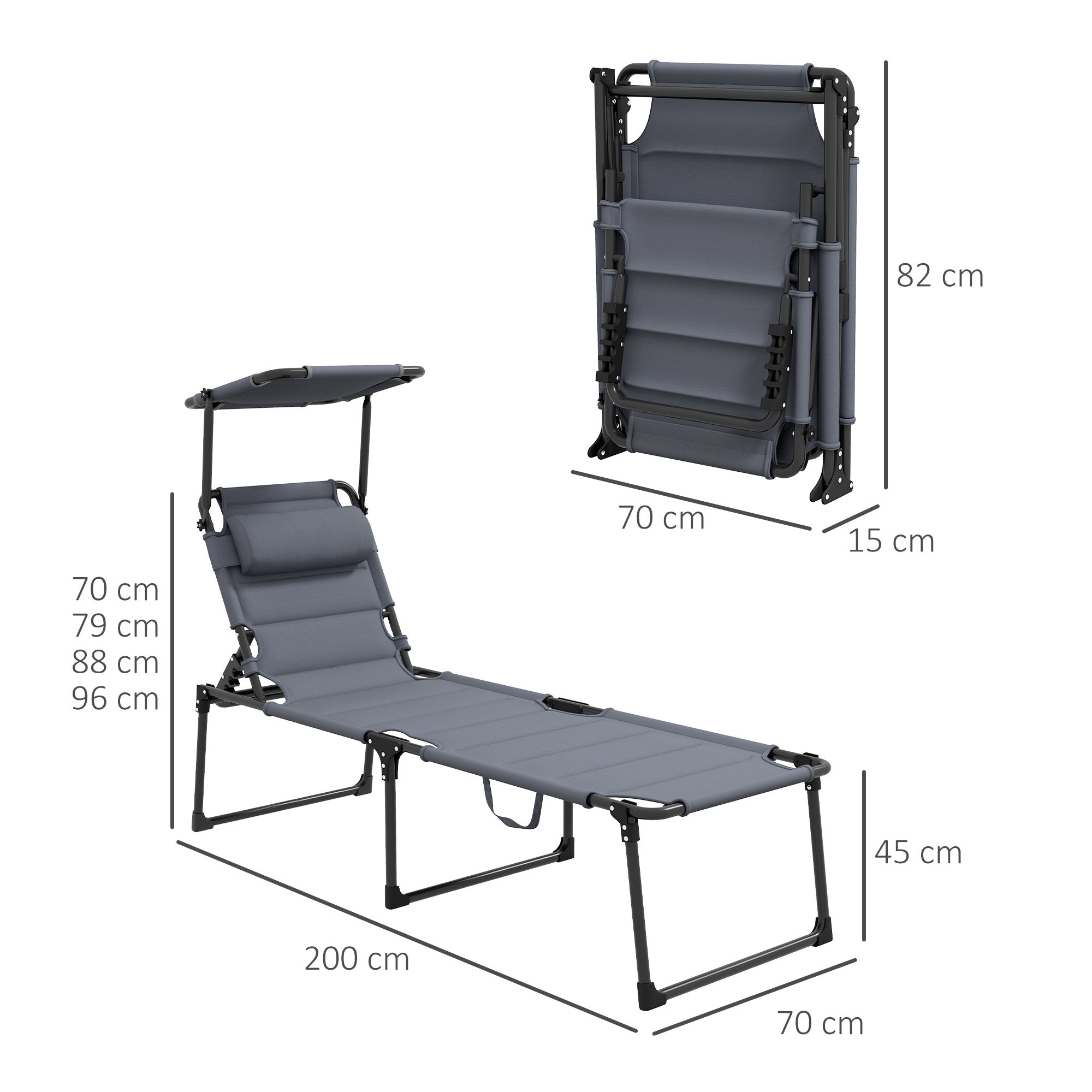 Outsunny set 2 reclining sunburns adjustable height, 70x201.5x45 cm, gray black - Borgè