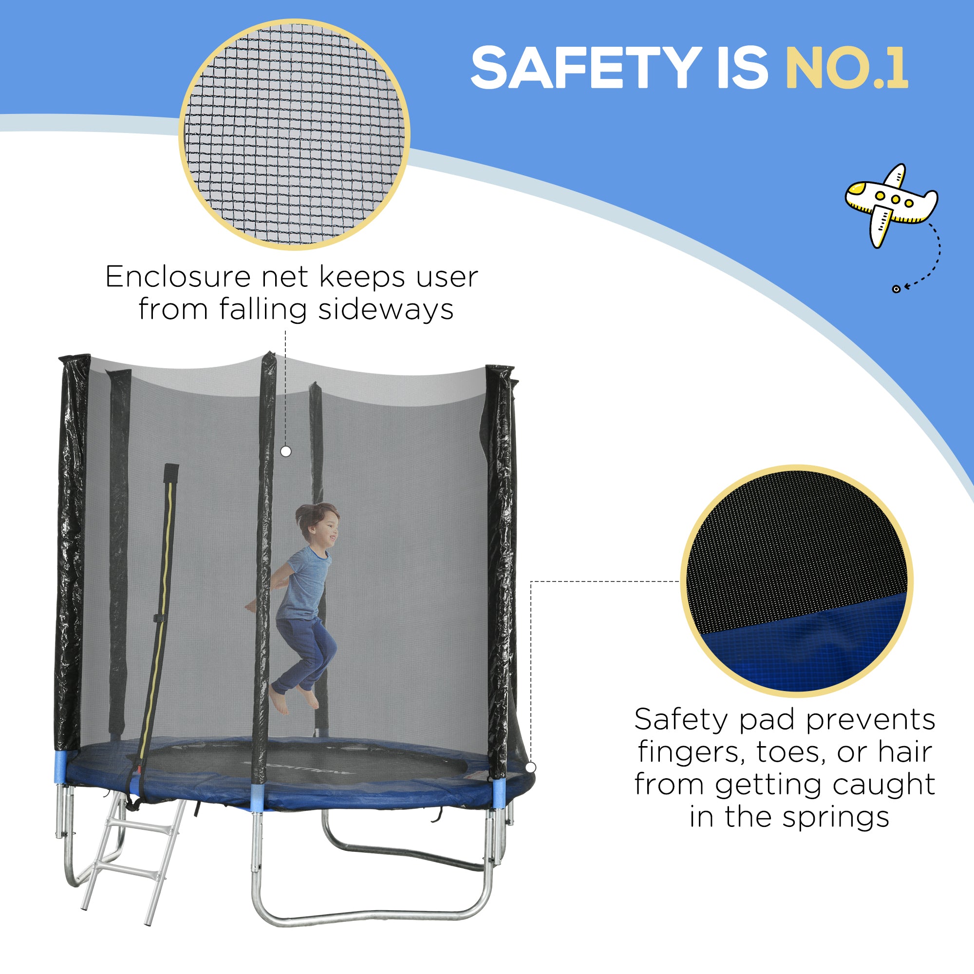 SportNow elastic trampoline with ladder and safety network, in steel and plastic, Ø180x200 cm, blue - Borgè