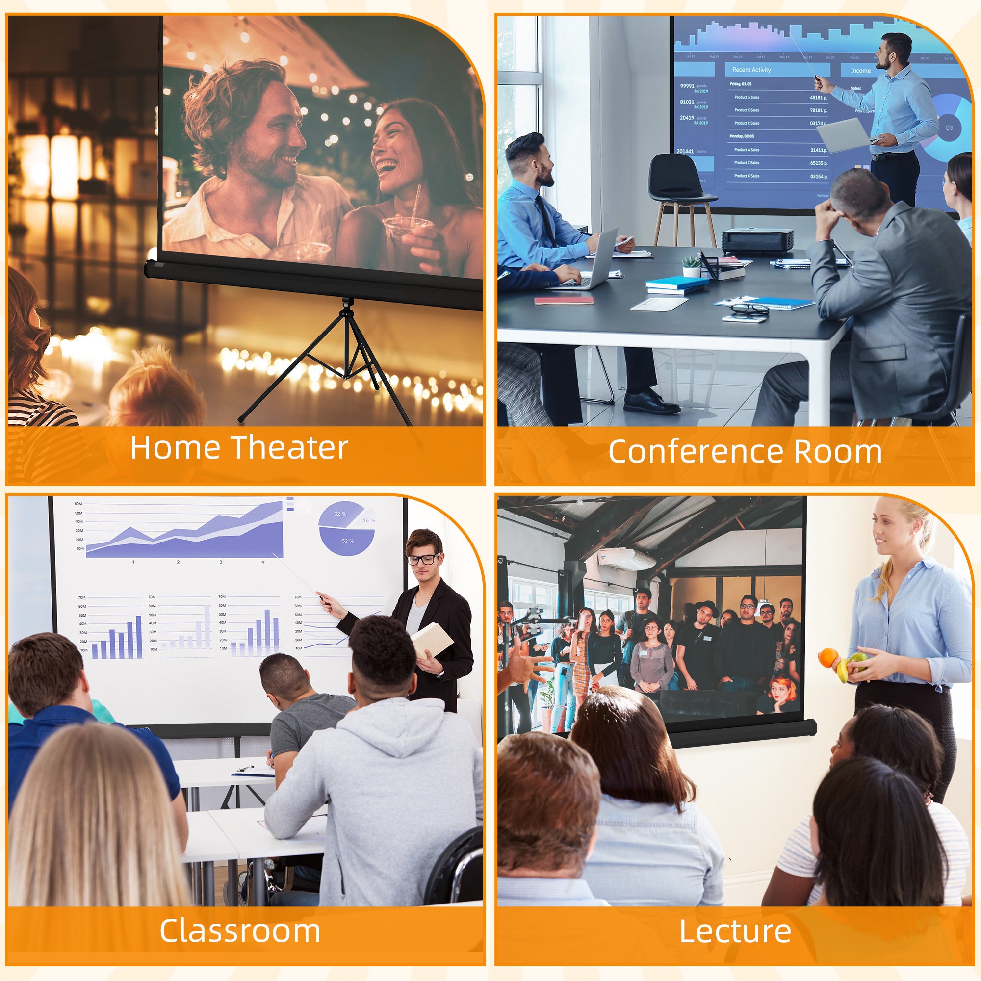84" Foldable Projector Screen, 16:9 Format, Adjustable Tripod, 200 x 8 x 118 cm, Black