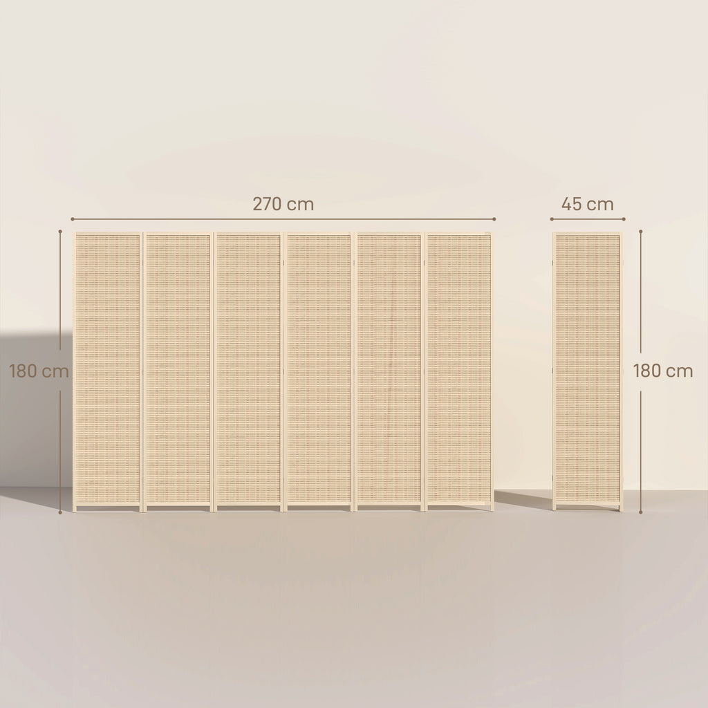 HOMCOM 6-Panel Folding Indoor Room Divider in Wood and Bamboo, Height 180cm, Natural Color