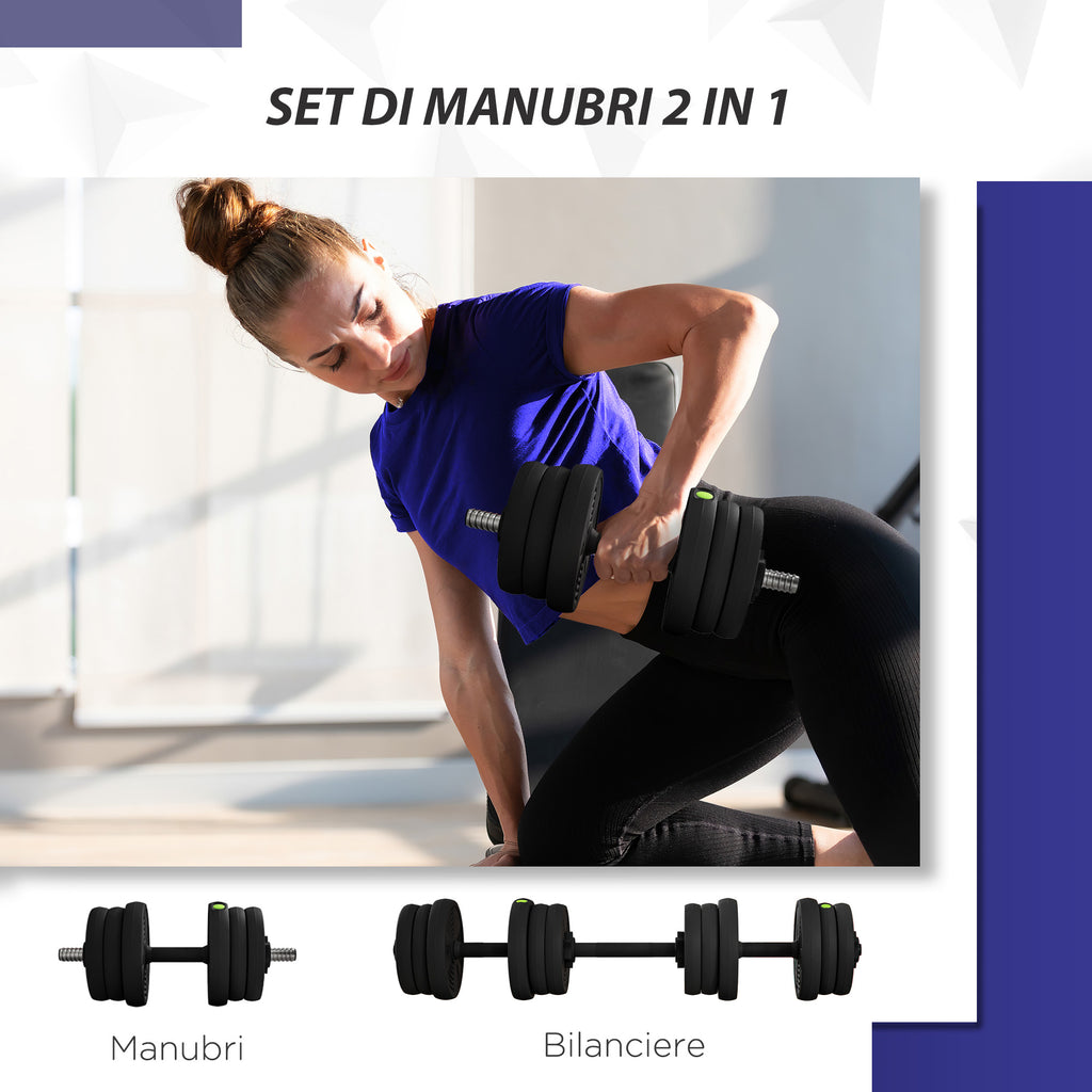 SPORTNOW 2 in 1 Set with 2 Dumbbells Convertible into Barbell, Total Weight 20 kg and Adjustable Weight Discs, Black