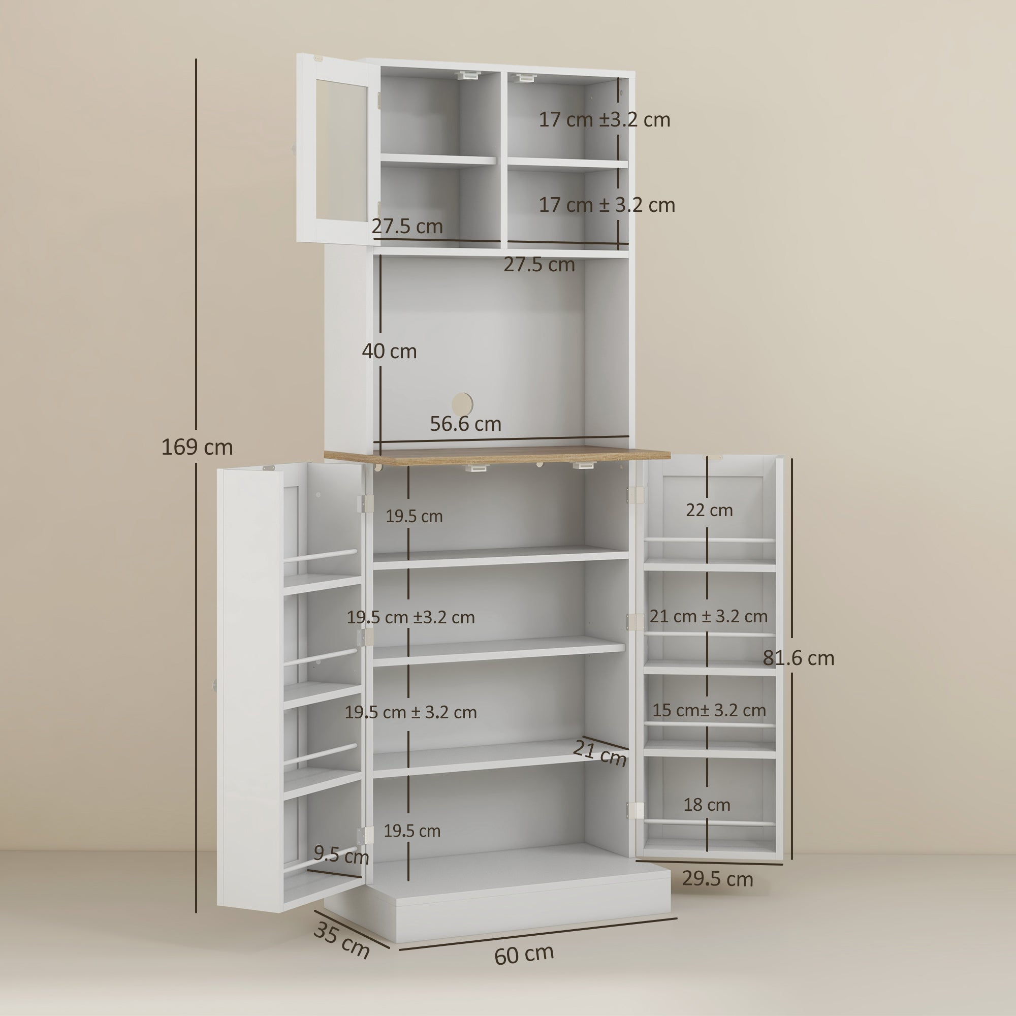 Kitchen Pantry Microwave Stand with Open Shelves and Cabinet with Spice Rack, 60x35x169 cm, White