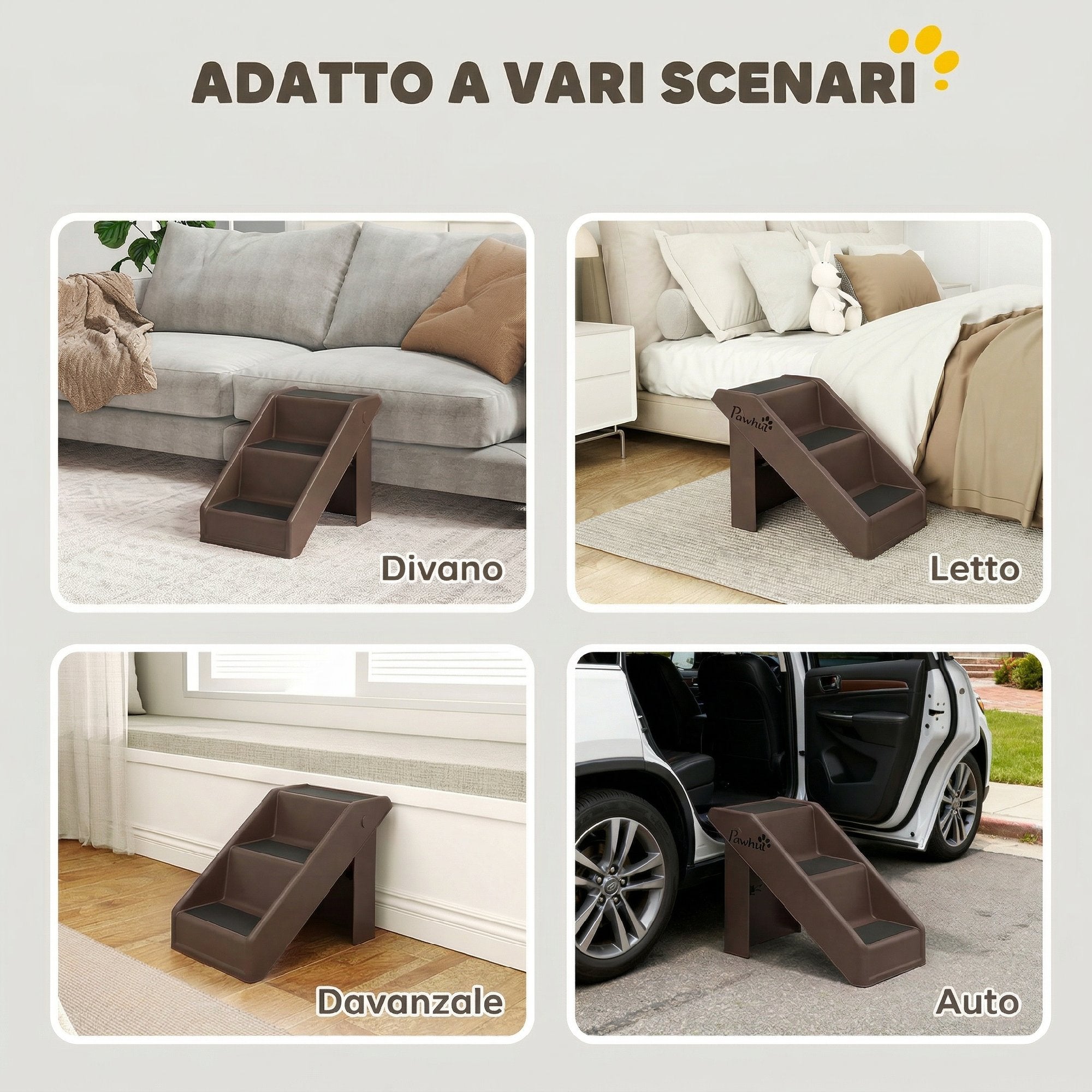 PawHut 3-Step Non-Slip Dog and Cat Ladder for High Beds and Sofas, 53x30.5x36.5 cm, Brown