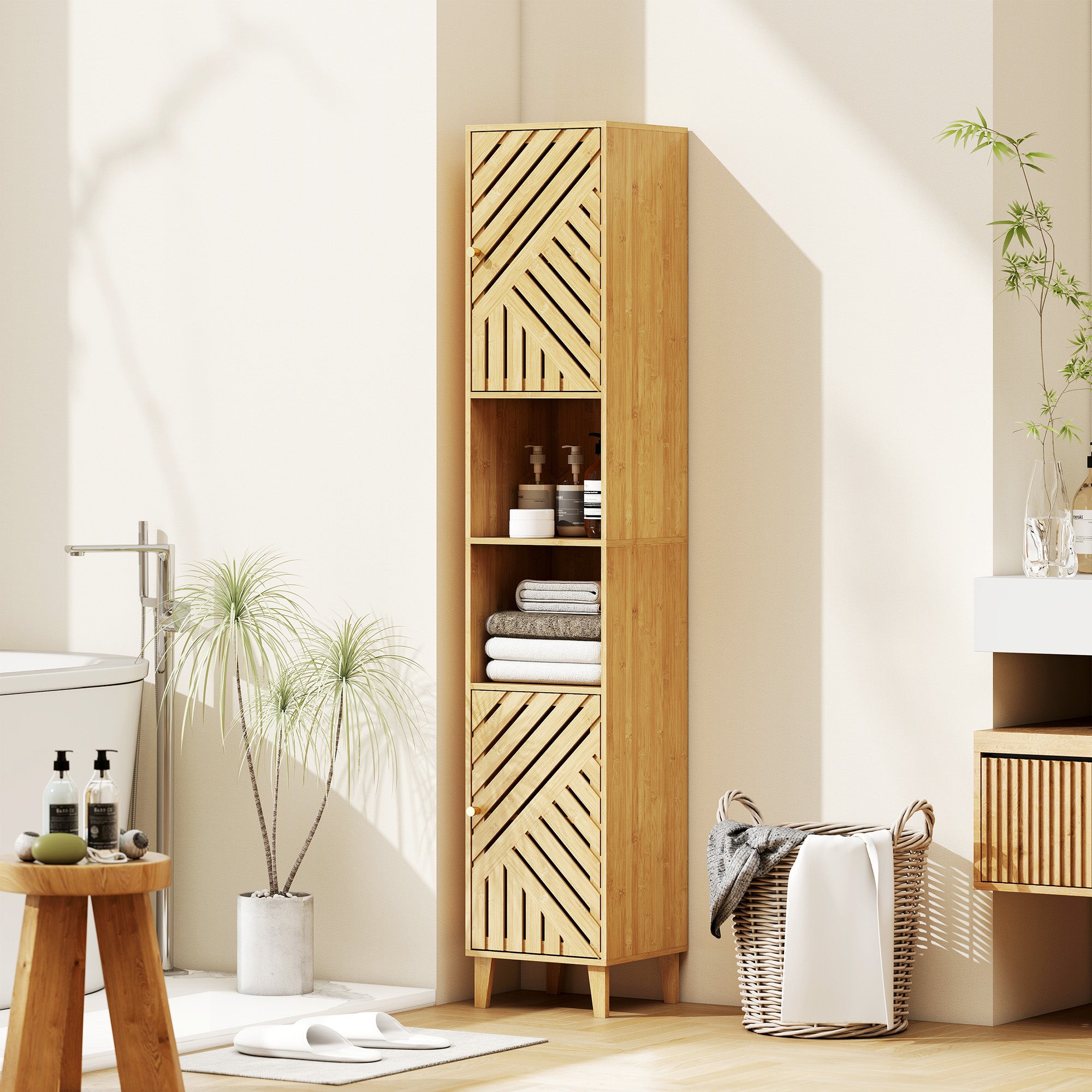 Bathroom Cabinet with 2 Cabinets and 2 Shelves with Adjustable Shelf, in Bamboo and Chipboard, 32x30x170 cm