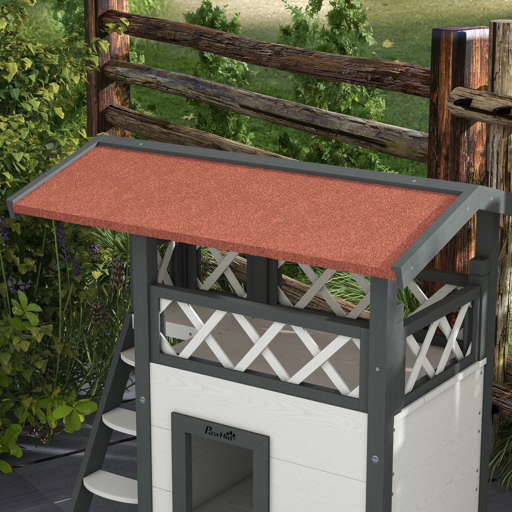 PawHut Outdoor Cat House with Terrace and Wooden Ladder, 77x50x73cm, White and Gray - Borgè