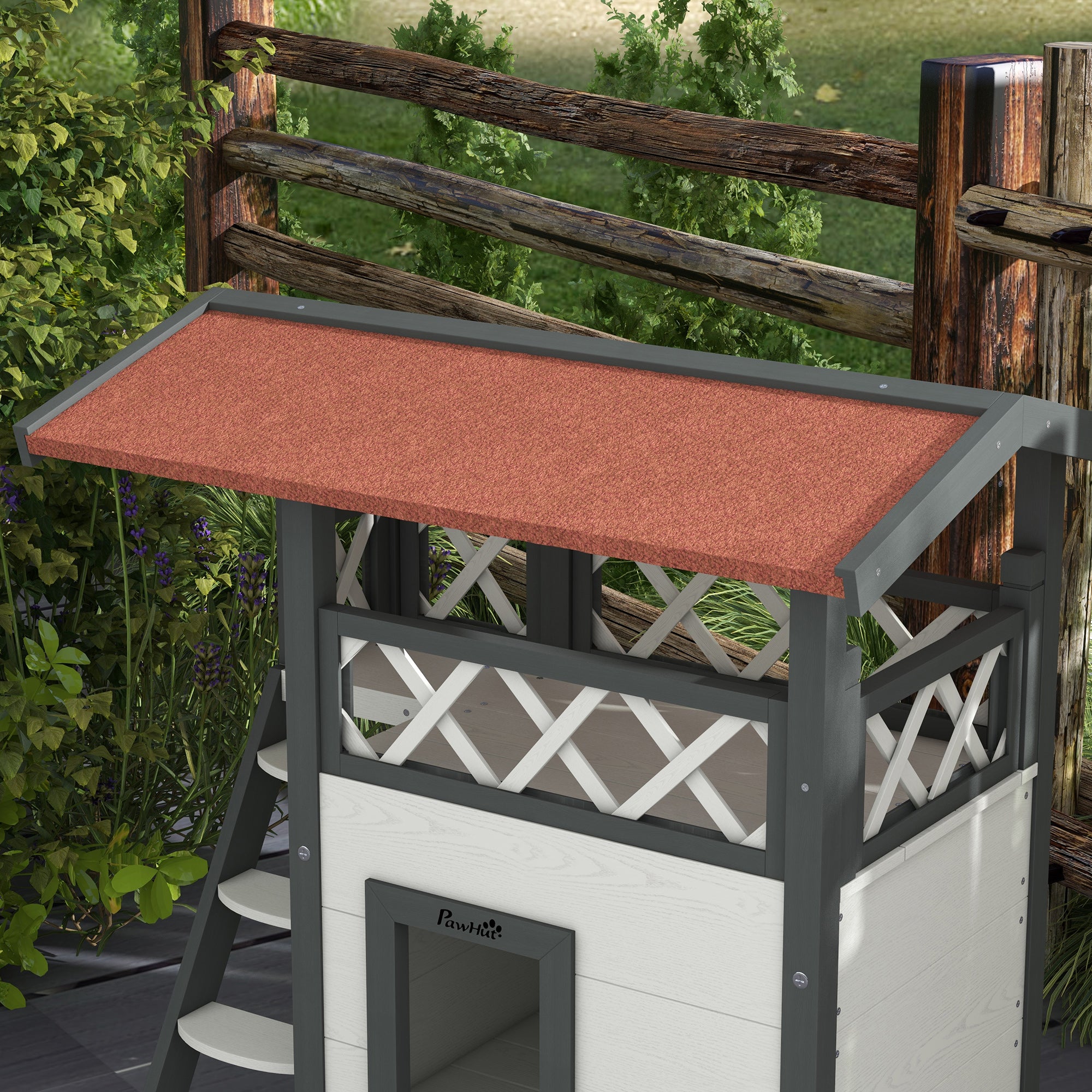 PawHut Outdoor Cat House with Terrace and Wooden Ladder, 77x50x73cm, White and Gray - Borgè