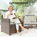 Outsunny 5-Piece Rattan and Steel Outdoor Set with 2 Ottomans, 2 Chairs and 2-Tier Coffee Table, Brown and Cream