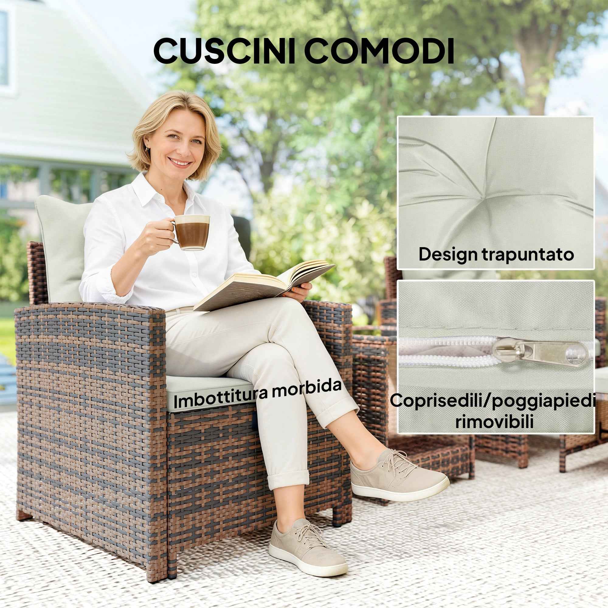 Outsunny 5-Piece Rattan and Steel Outdoor Set with 2 Ottomans, 2 Chairs and 2-Tier Coffee Table, Brown and Cream