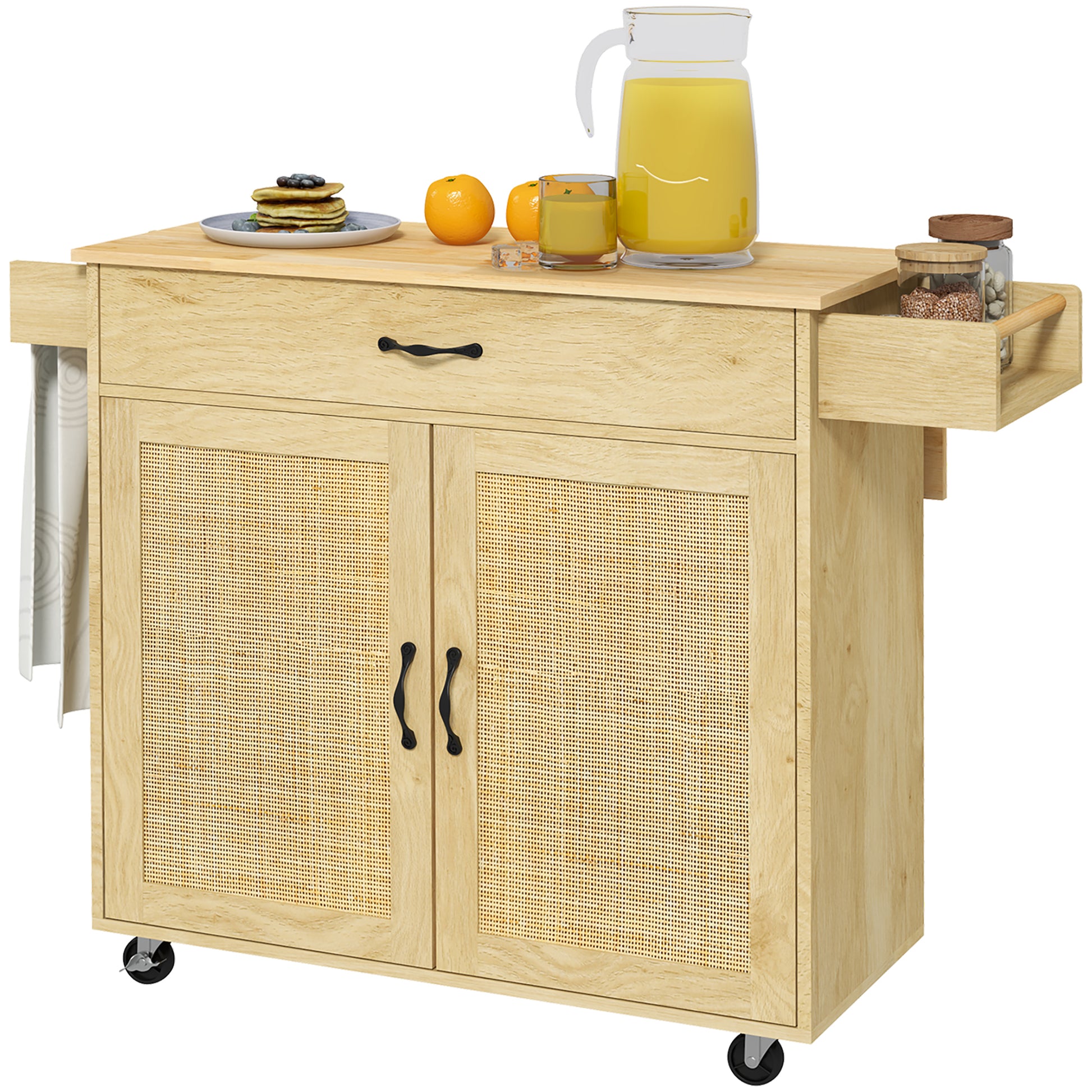 Boho Style Kitchen Trolley with Folding Top, Drawer and Cabinet in Wood and Rattan Boho Style - Borgè