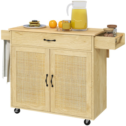 Boho Style Kitchen Trolley with Folding Top, Drawer and Cabinet in Wood and Rattan Boho Style - Borgè