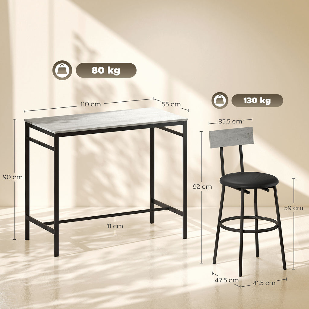 Industrial Style High Table and 4 Bar Stools Set with Backrest and Footrest, Cement Grey
