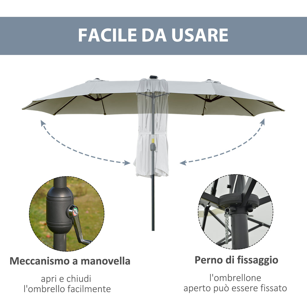 Outsunny 4.5m Double Garden Umbrella with 48 LED Lights and Crank Handle, Light Grey