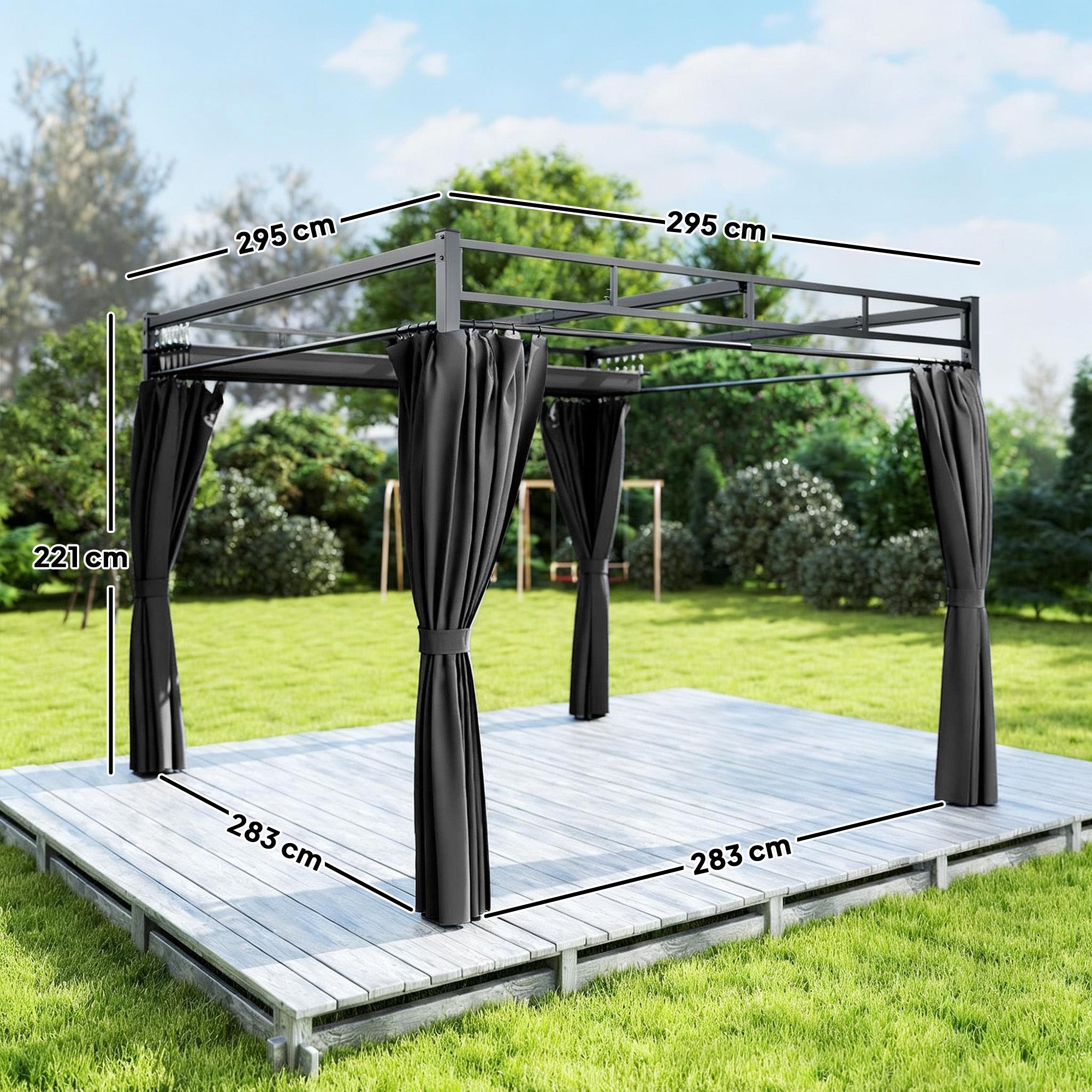 Outsunny Pergola Gazebo 3x3 m with Sliding Roof UV30+ and 4 Side Walls, Dark Grey