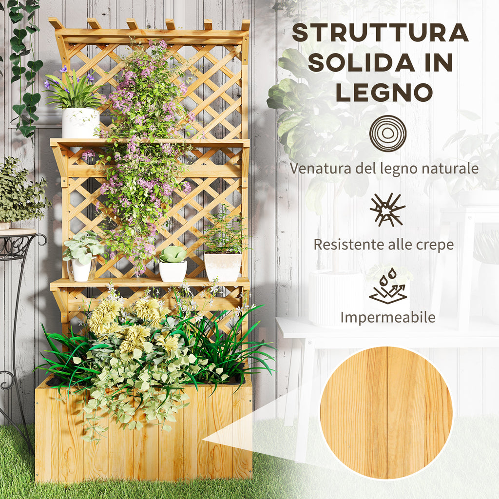 Planter with Trellis for Climbing Plants, Drainage Holes and 2 Shelves, in Fir Wood, 76x33x177 cm